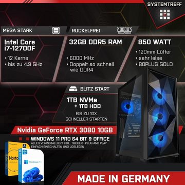 SYSTEMTREFF Gaming-PC-Komplettsystem (27", Intel Core i7 12700F, GeForce RTX 3080, 32 GB RAM, 1000 GB HDD, 1000 GB SSD, Windows 11, WLAN)