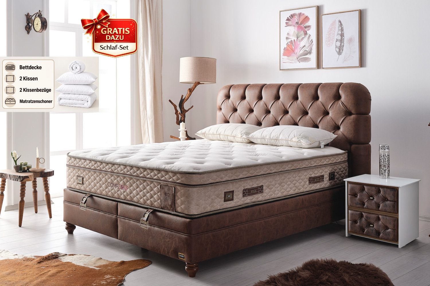 BAMBI YATAK Boxspringbett Bambi Comfizone, Bett mit Bettkasten, H2/H5 Verstellbarem Matratze (Taschenfederkern, 1 x Matratze, 2 x Bettkasten, 1 x Bettkopfteil), Matratze mit verstellbarem Härtegrad (H2/H5), Matratzenhöhe: 33 cm