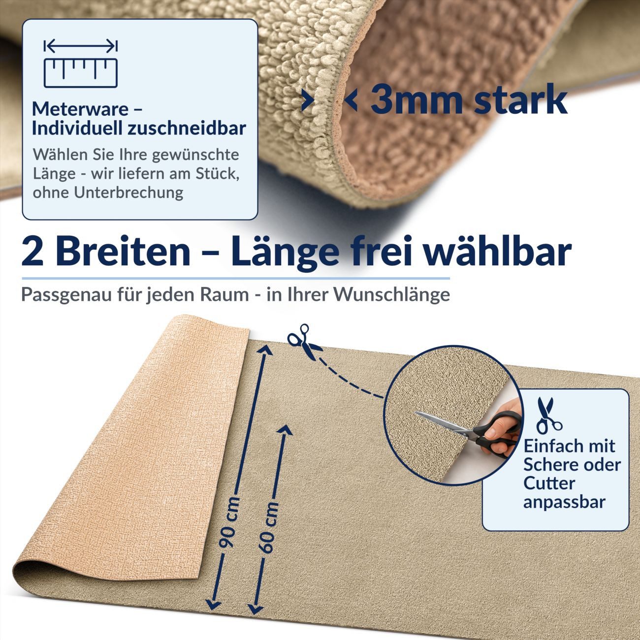 ANRO Küchenläufer HomeLoop Meterware Mikrofaser Küchenmatte rutschhemmender Rücken, Rechteckig, Höhe: 3 mm, saugstark zuschneidbar Größe: 100x60cm Einfarbig Beige