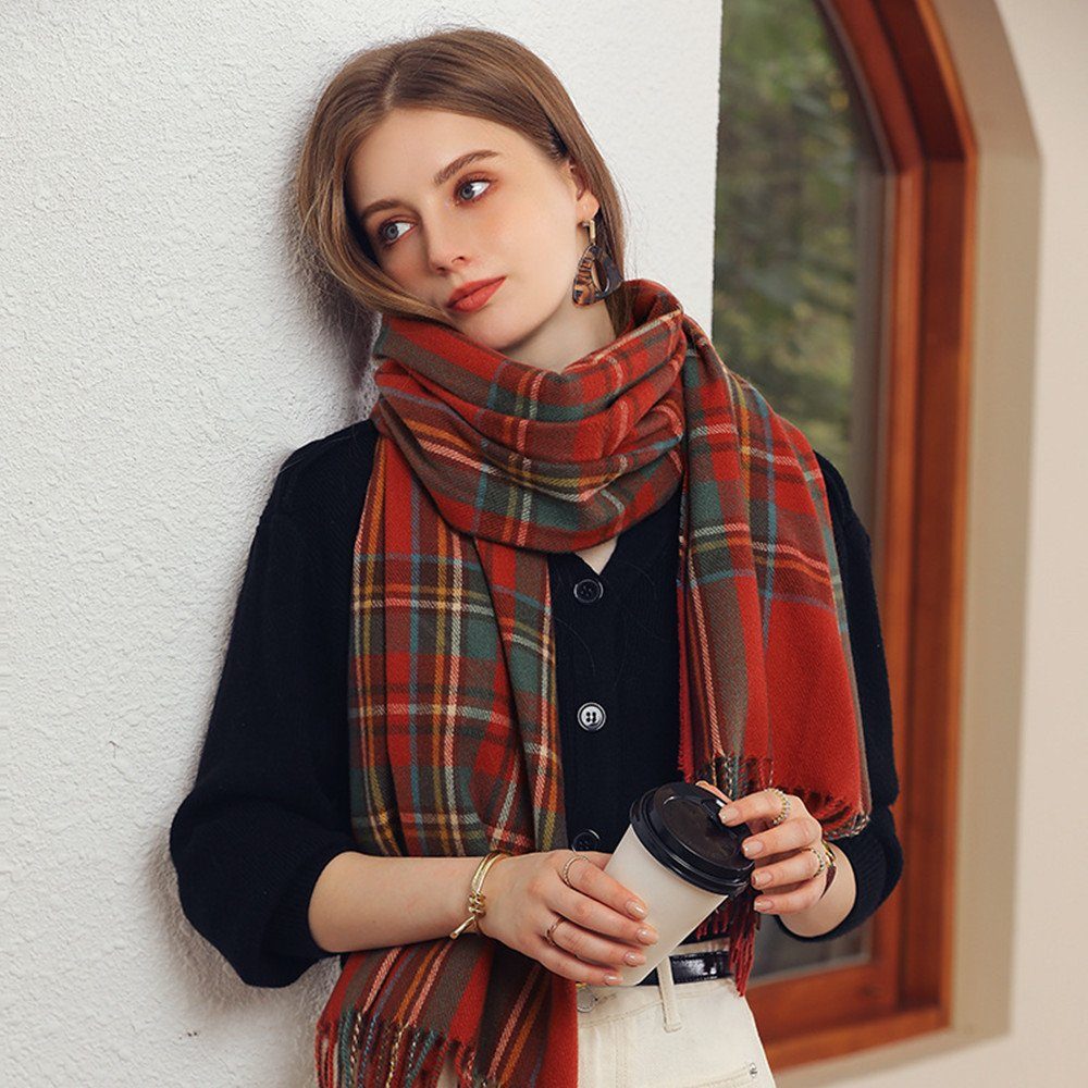 XDeer Wollschal Damen Schal,kuschelweich Karo,Winter Schal Poncho Qualität mit Fransen, Damen Halstuch Geschenk für Frauen in verschiedenen Farben red01