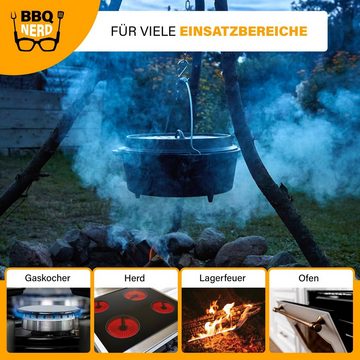 BBQ Nerd Feuertopf Starter mit Füßen, Gusseisen (Dutch Oven Bräter mit Deckel inkl. Deckelheber , bereits eingebrannt - preseasoned, 3,1L / 5,5L 7,2L / 10,7L), Feuerfester Grill & Camping Kochtopf, Grilltopf
