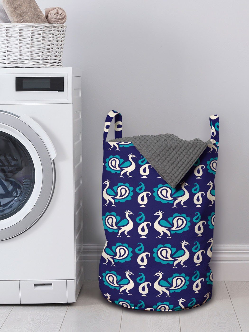 Abakuhaus Wäschesäckchen Wäschekorb mit Griffen Vogel-Muster Waschsalons, für Pfau Kordelzugverschluss Verziert