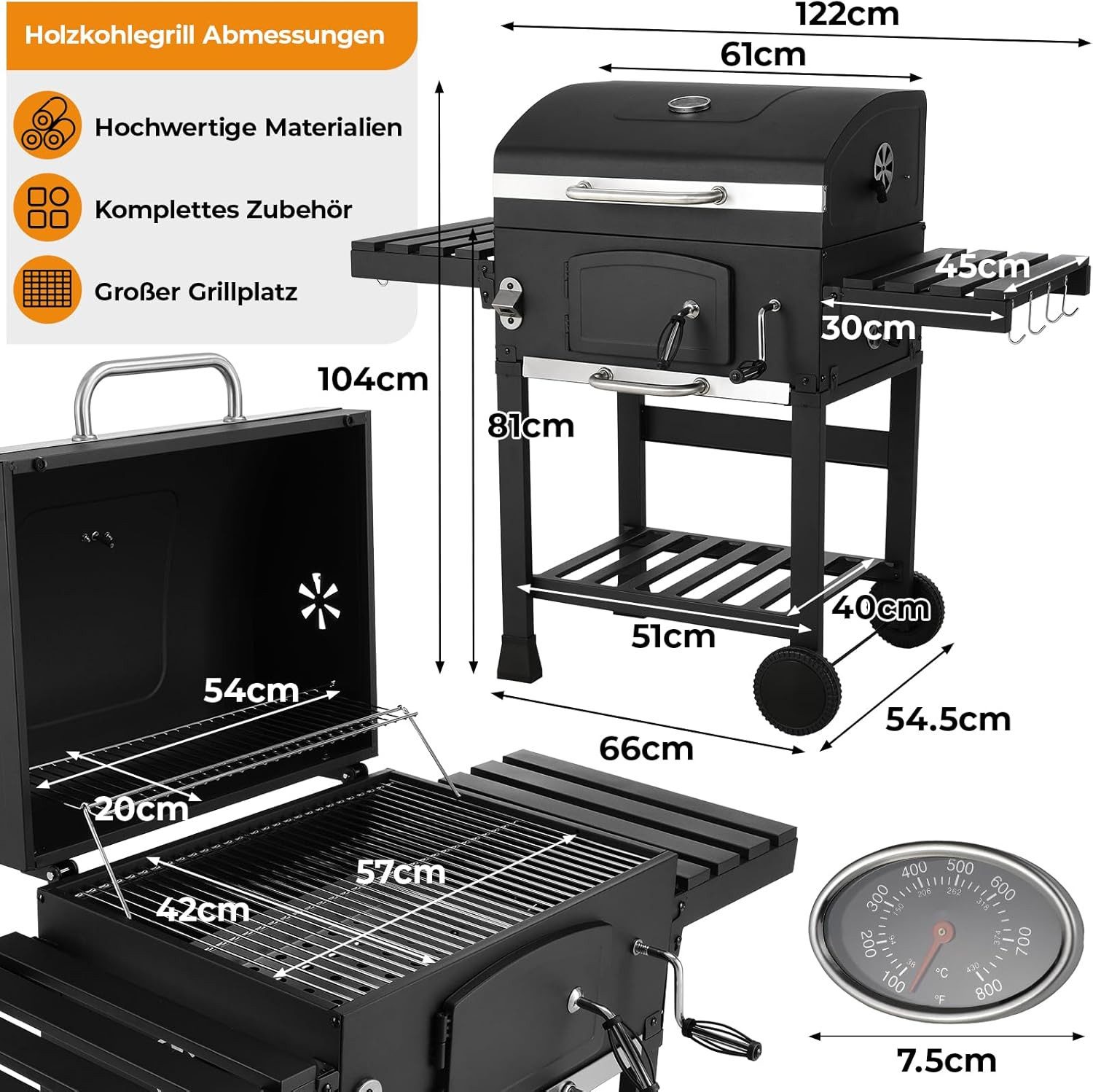 TLGREEN Holzkohlegrill mit Deckel XXL, BBQ Smoker Grillwagen, mit Thermometer/Wasserdichte Abdeckung/Rädern/Klappbaren Ablagen, Robuster Gartengrill Campinggrill für 6-8 Personen