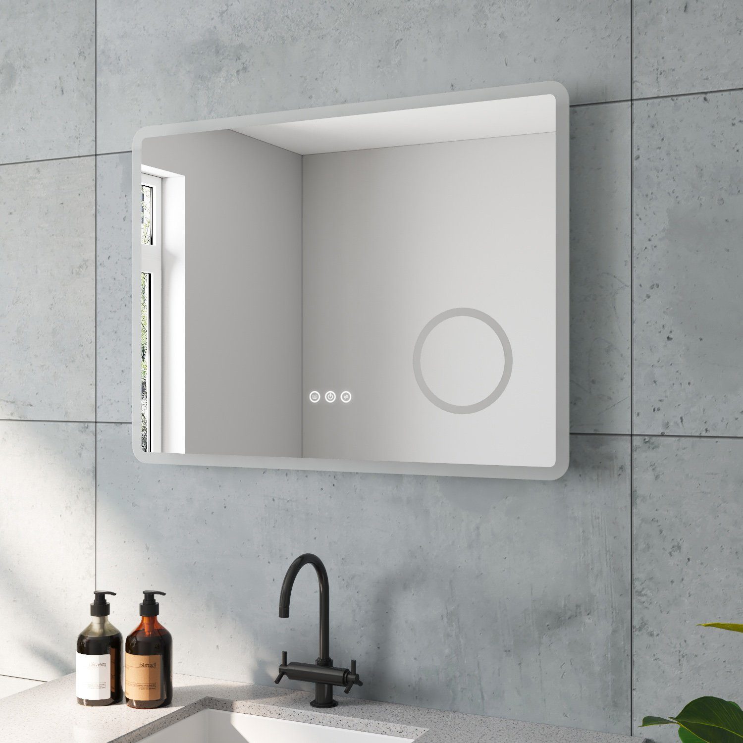 AQUALAVOS Schminkspiegel LED Badspiegel mit Beleuchtung Antibeschlag Wandspiegel Touch-Schalter, 3-fach Vergrößerung Digitaluhr Memory-Funktion Stufenlos dimmbar IP44