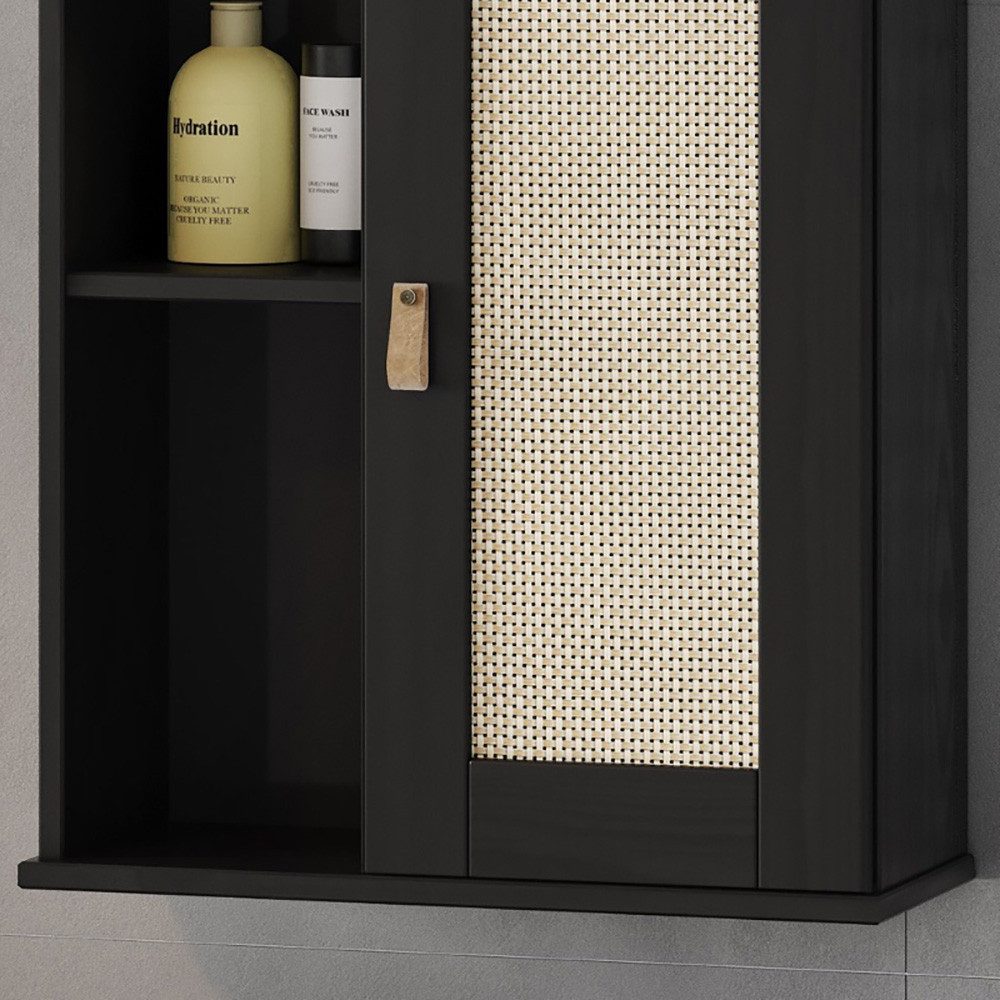 Lomadox Hängeschrank WATFORD-69 Badezimmerschrank, Kiefer massiv schwarz, Rattaneinsatz, Boho-Chic