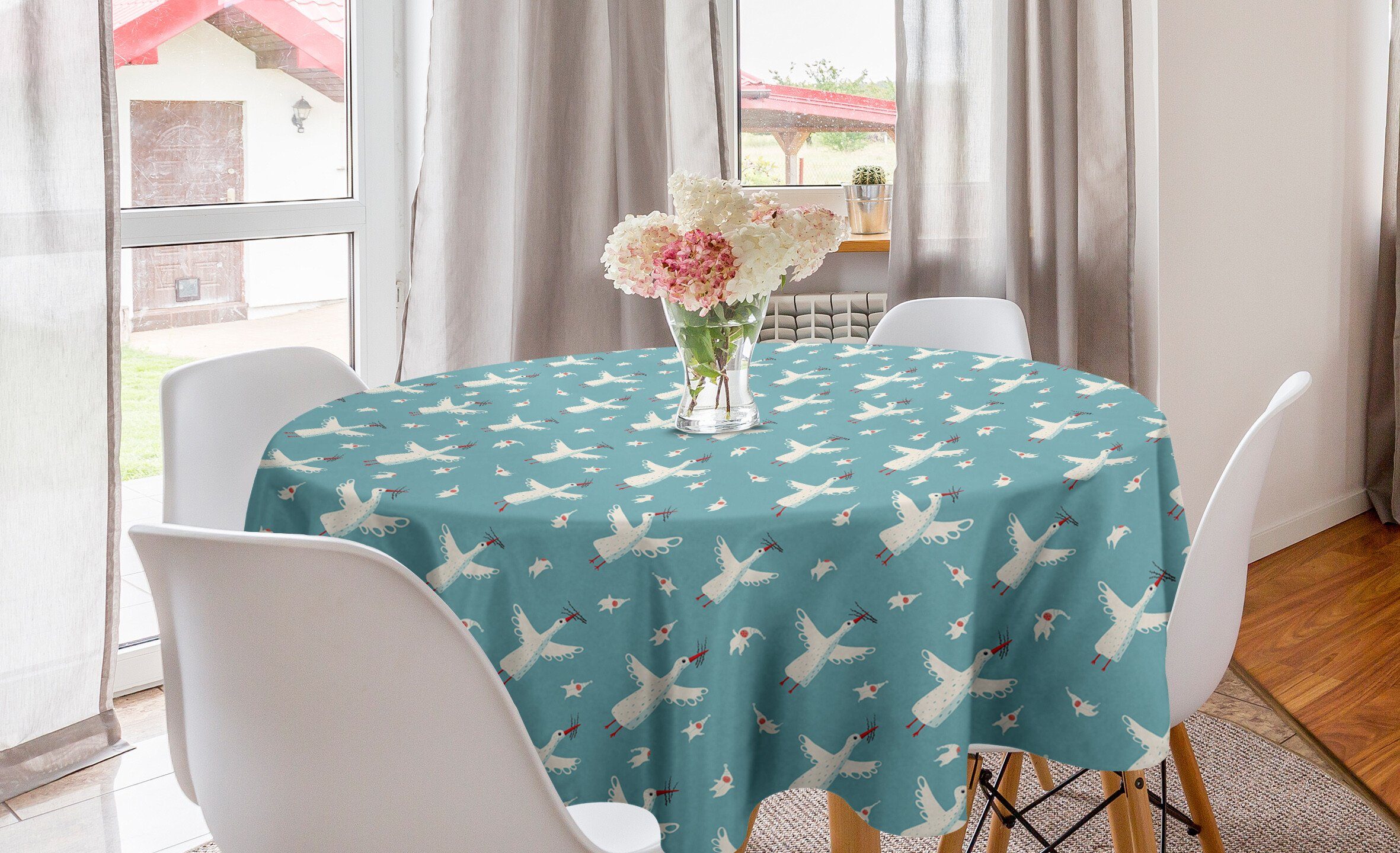 Abakuhaus Tischdecke Kreis Tischdecke Abdeckung für Esszimmer Küche Dekoration, Babydusche Fliegende Störche Babys