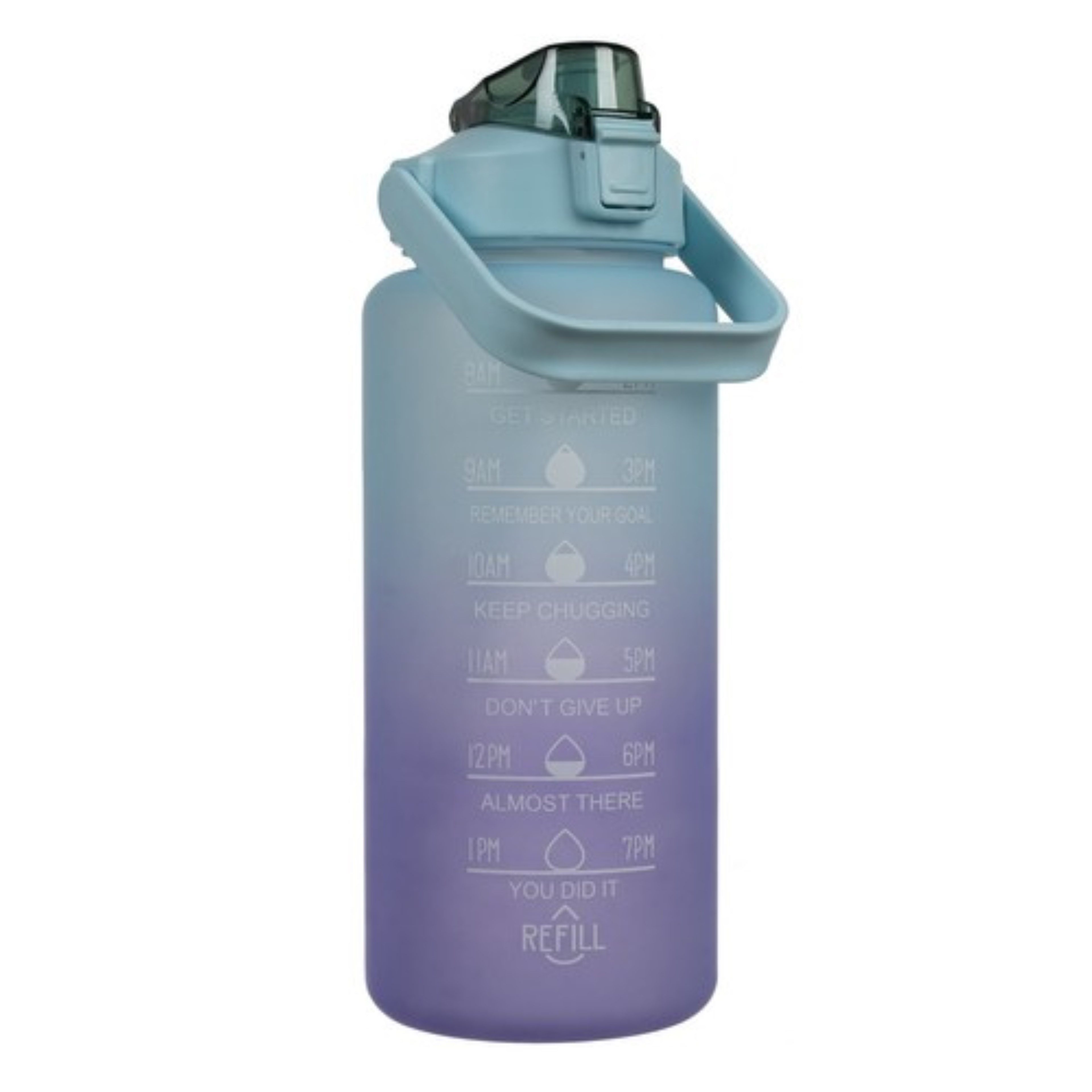 Trizand Trinkflasche Motivationswasserflasche 2L lila-blau BPA-frei mit Tragegriff, 2L Motivationsflasche, auslaufsicher, mit Zeit- & Mengenmarkierung