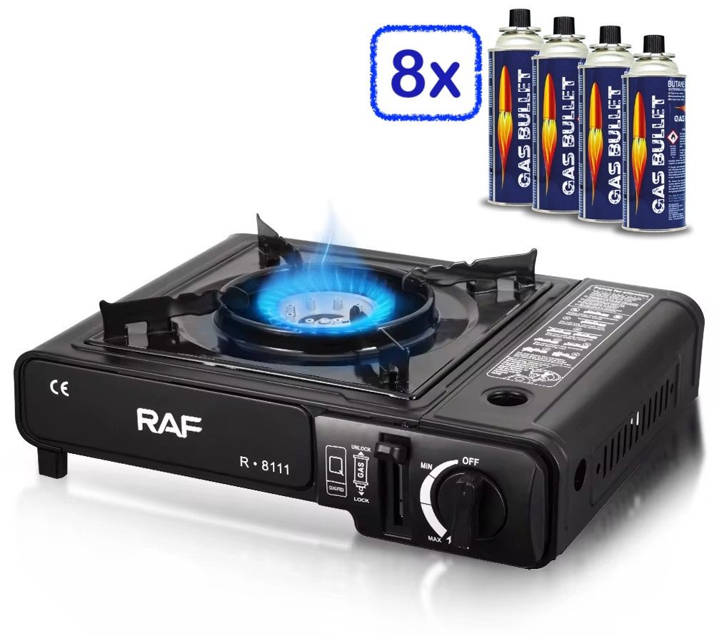 Qivee Gaskocher Q39 + 8x Gas, (Einzelprodukt, 1-St., 1x Gaskocher, 8x Gaskartuschen), Robustes Stahlgehäuse mit Pulverbeschichtung