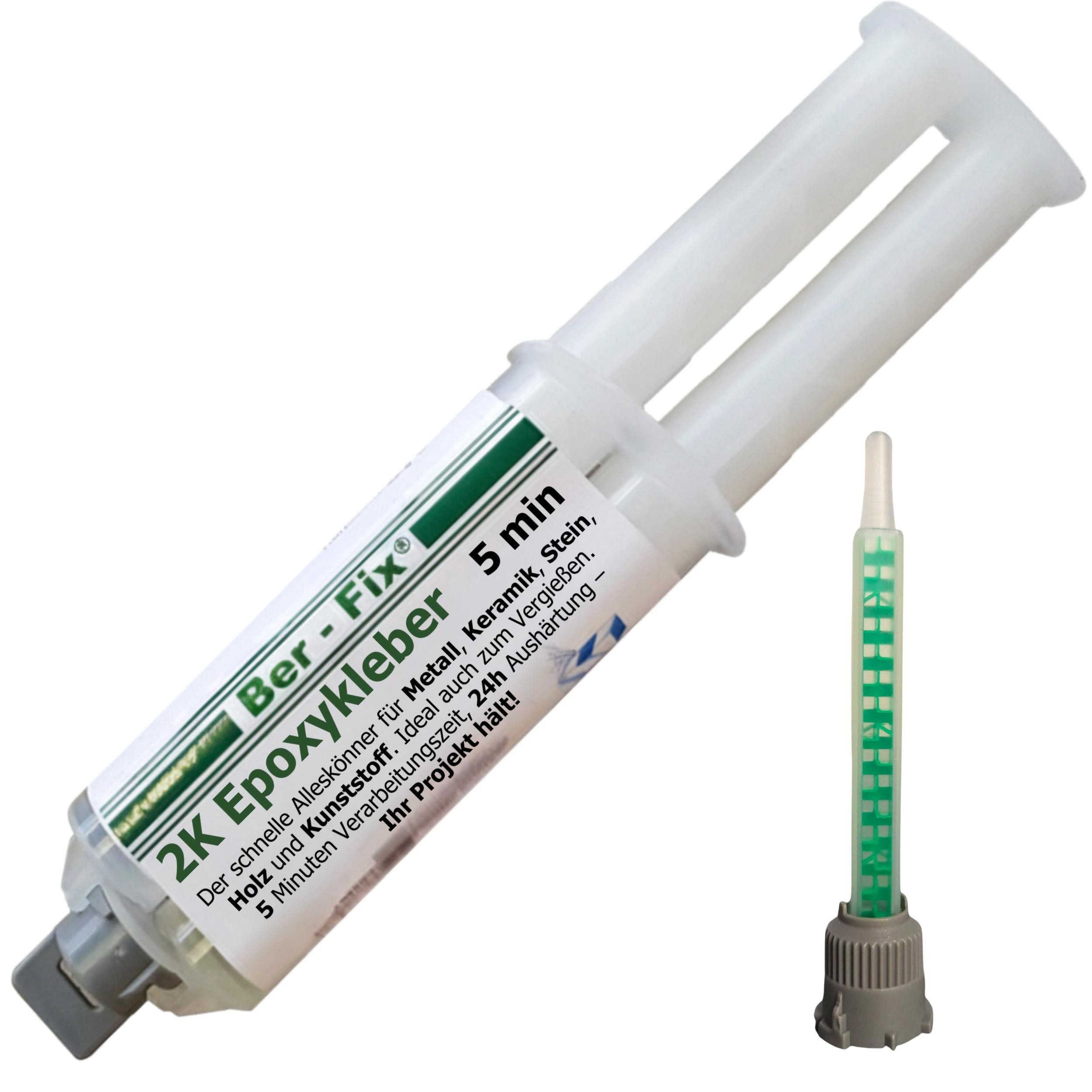 Ber-Fix 2-Komponentenkleber 2K Epoxykleber 5min 25g Spritze, (Packung, 2-tlg), schnellhärtend spaltfüllend bis 3 mm mechanisch bearbeitbar