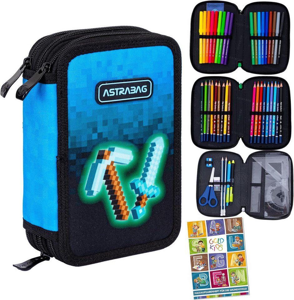 GOLDKIDS Federmäppchen 3 Fächer - Mäppchen für Mädchen und Jungen -, (Federmappe 3-Fach Federtasche, 1-tlg., Gefüllte Schüleretui Schulmäppchen), und Hausaufgabenheft - Blue Pixel
