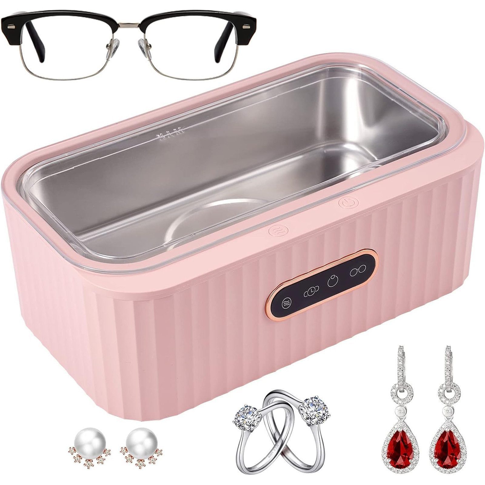 MOPUEA Ultraschallreiniger tragbar Ultraschallreinigungsgerät 45 Khz mit 4 Modi 400 ml Tank, Zahnprothesen, Ringe Reinigung und Pflege( rosa)