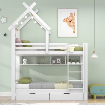 SOFTWEARY Etagenbett mit 2 Schlafgelegenheiten und Lattenrost (90x200 cm), Hausbett inkl. Rausfallschutz, Kiefer