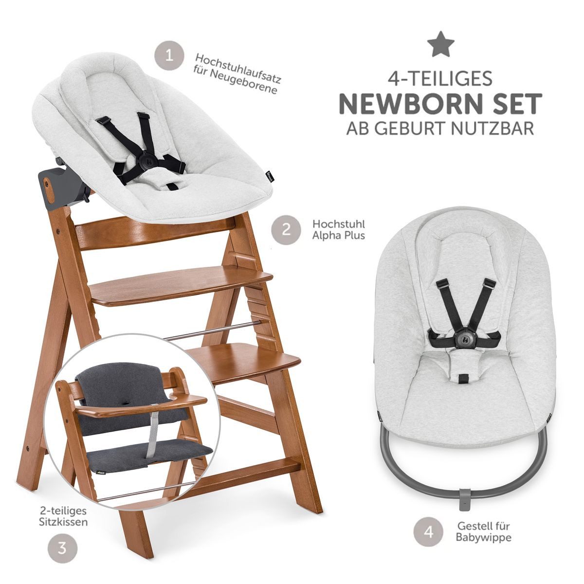 Hauck Hochstuhl Alpha Plus Newborn Set - Walnut, Holz Babyhochstuhl ab Geburt inkl. Neugeborenen Aufsatz & Sitzpolster