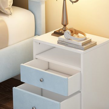Welikera Nachtschrank Nachttisch mit 2 Schubladen und einem Fach, Holz+Samt,Weiß+Blau Stauraum im Wohnzimmer und Schlafzimmer