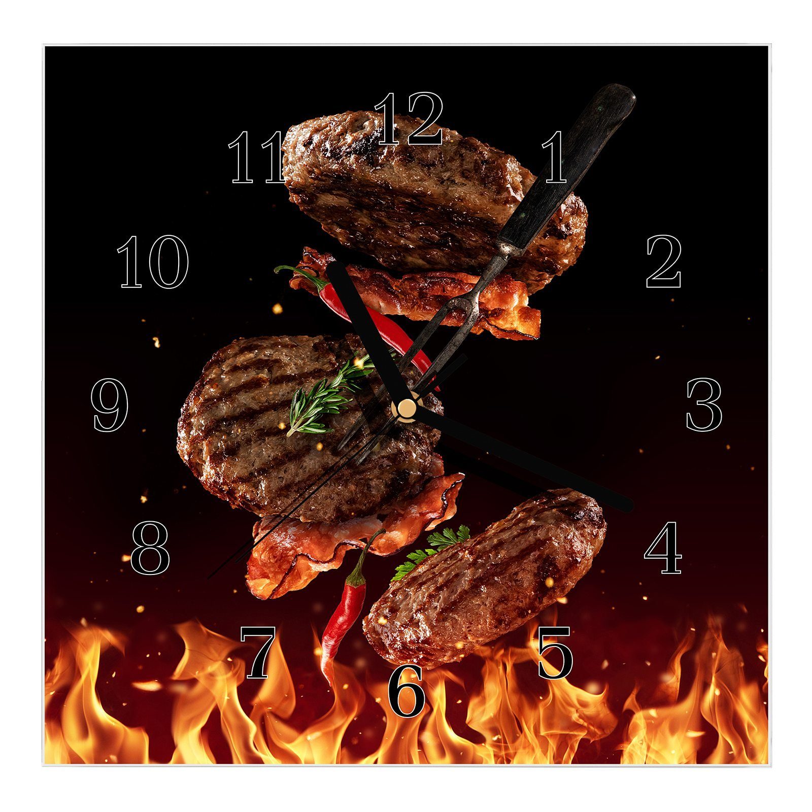 Primedeco Burger Grill 30 Wanduhr Motiv Glasuhr mit Wanduhr Wandkunst Größe 30 cm mit Heisser x