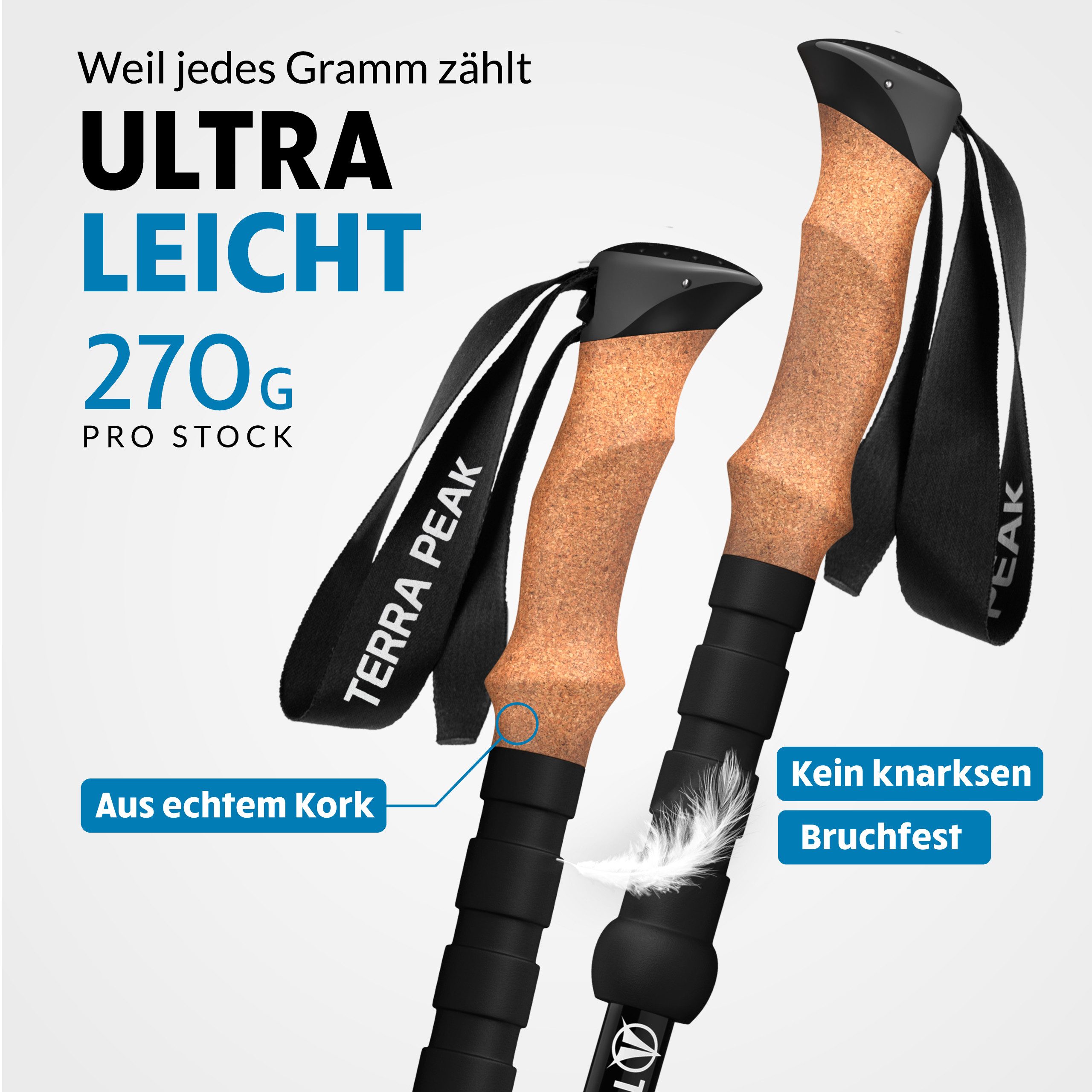 Terra Peak Wanderstöcke Explorer 135 (inklusive Mikrofaserhandtuch und 4 zusätzliche Aufsätze), Mit ergonomischen Echtkorkgriffen, zum Wandern und Nordic Walking