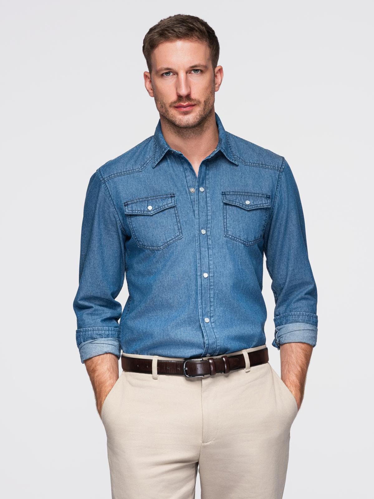 OMBRE Langarmhemd Jeanshemd mit Druckknöpfen und Brusttaschen