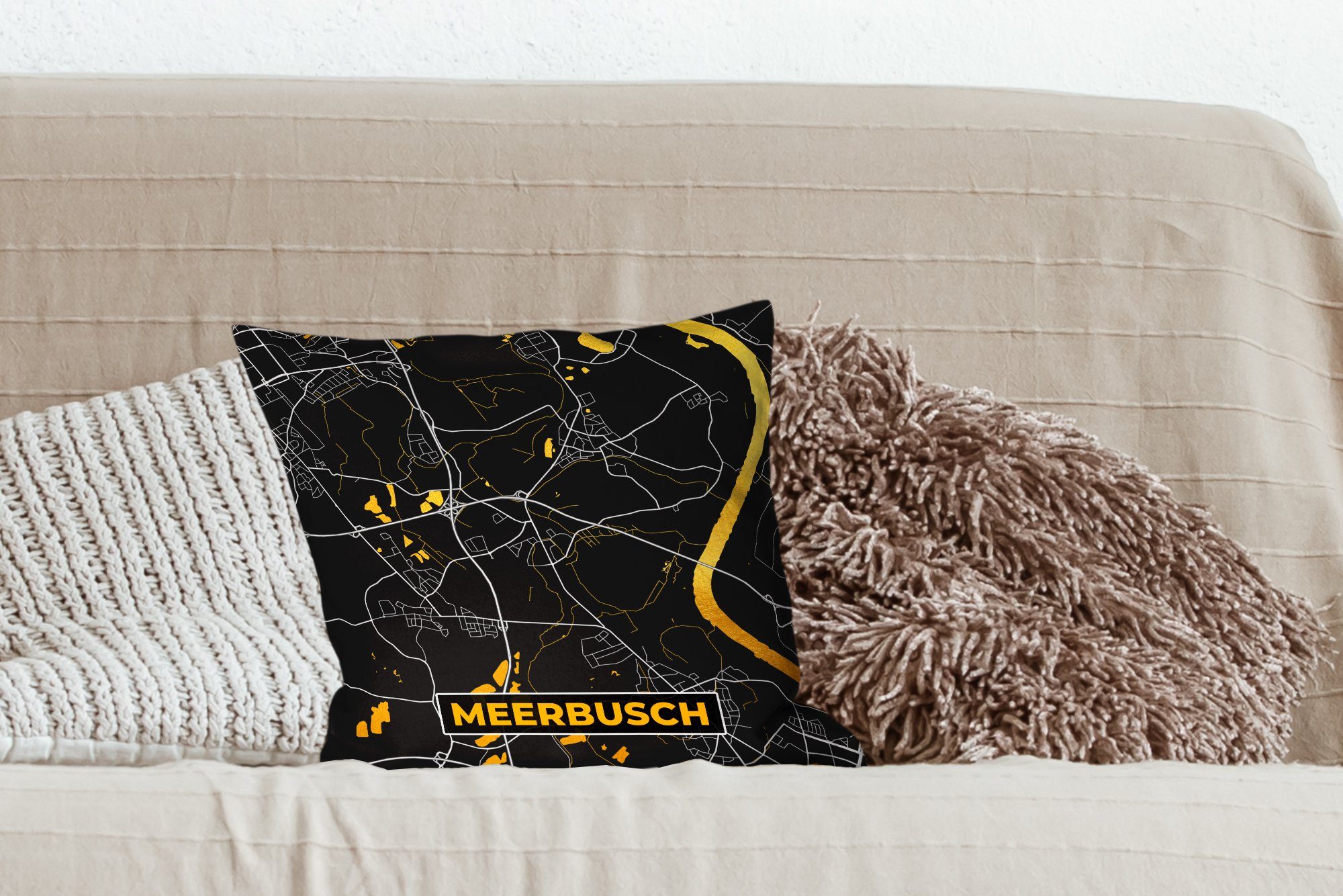 Meerbusch und Schlafzimmer, Stadtplan - Deutschland Zierkissen Schwarz Dekokissen Gold Karte, für Deko, MuchoWow Sofakissen Wohzimmer, - - - mit Füllung