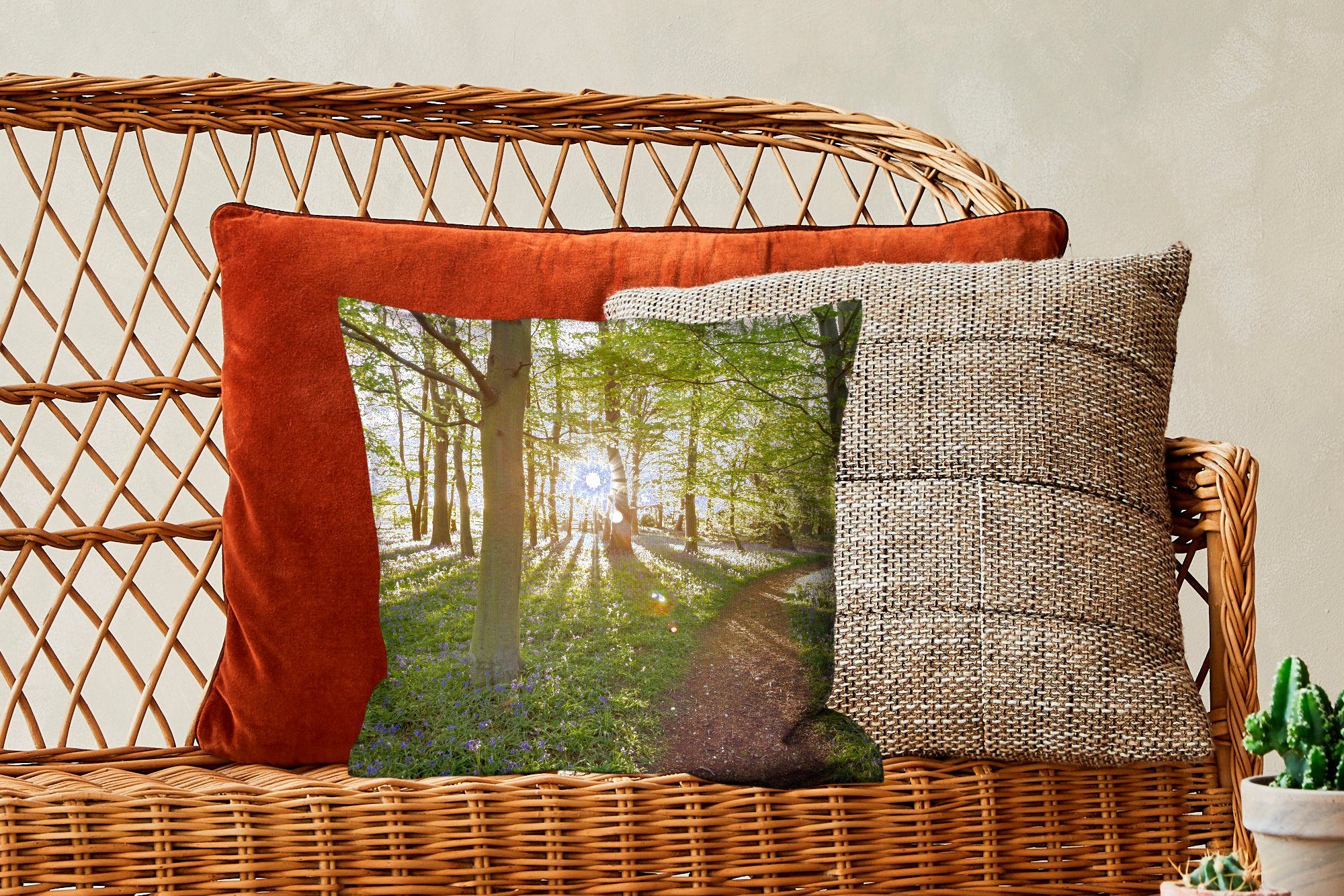 Deko, Schlafzimmer, MuchoWow mit Sonne, für - Zierkissen - Füllung Wald Dekokissen Sofakissen Baum Wohzimmer,