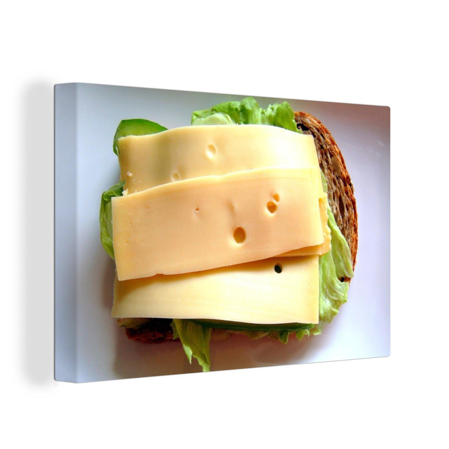 OneMillionCanvasses® Leinwandbild Gouda, Wandbild Wanddeko, St), 30x20 Käse Leinwandbilder, Brot - - (1 cm Aufhängefertig