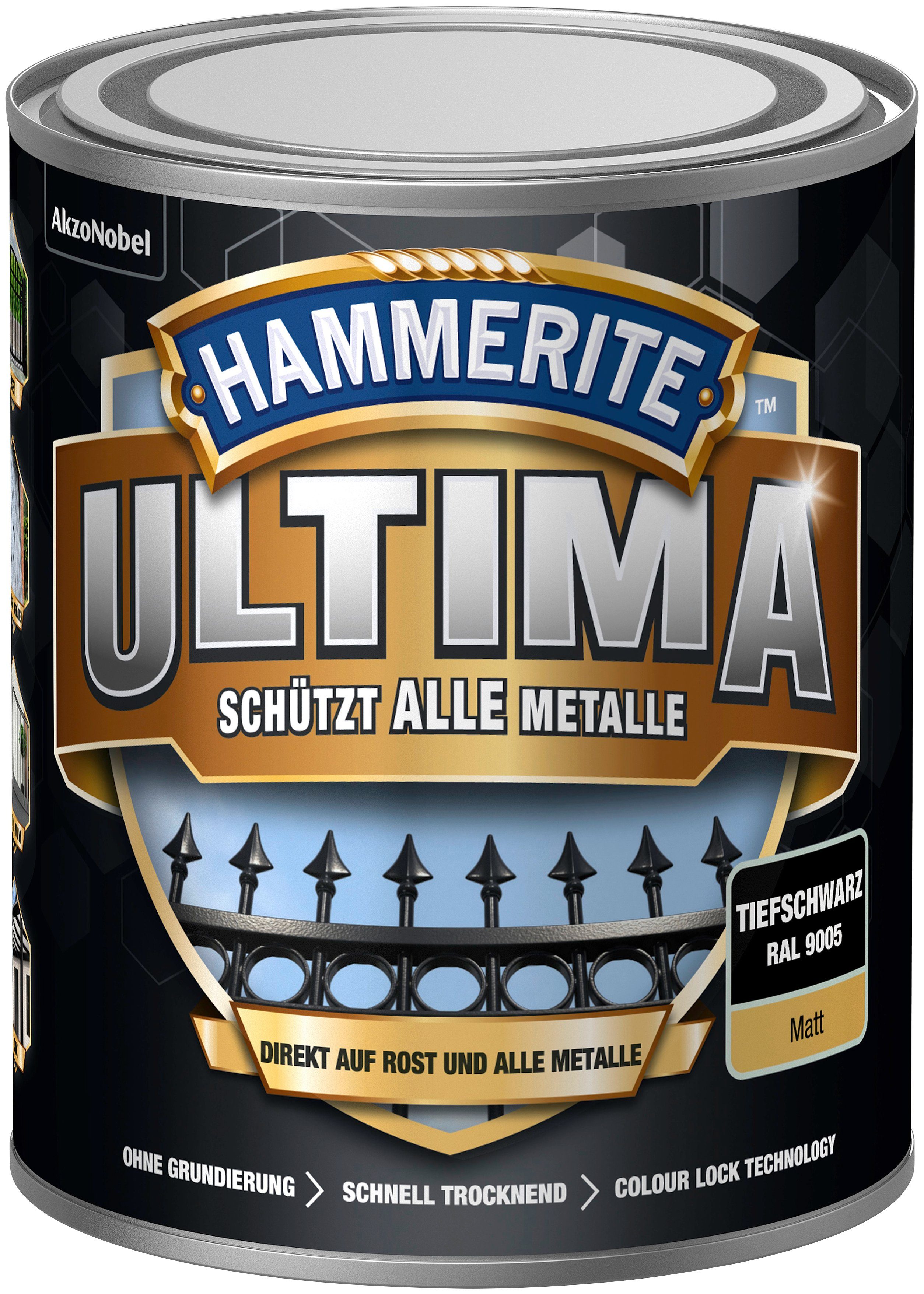 ULTIMA matt 9005, schützt tiefschwarz alle RAL Metalle, Hammerite  Metallschutzlack 3in1,
