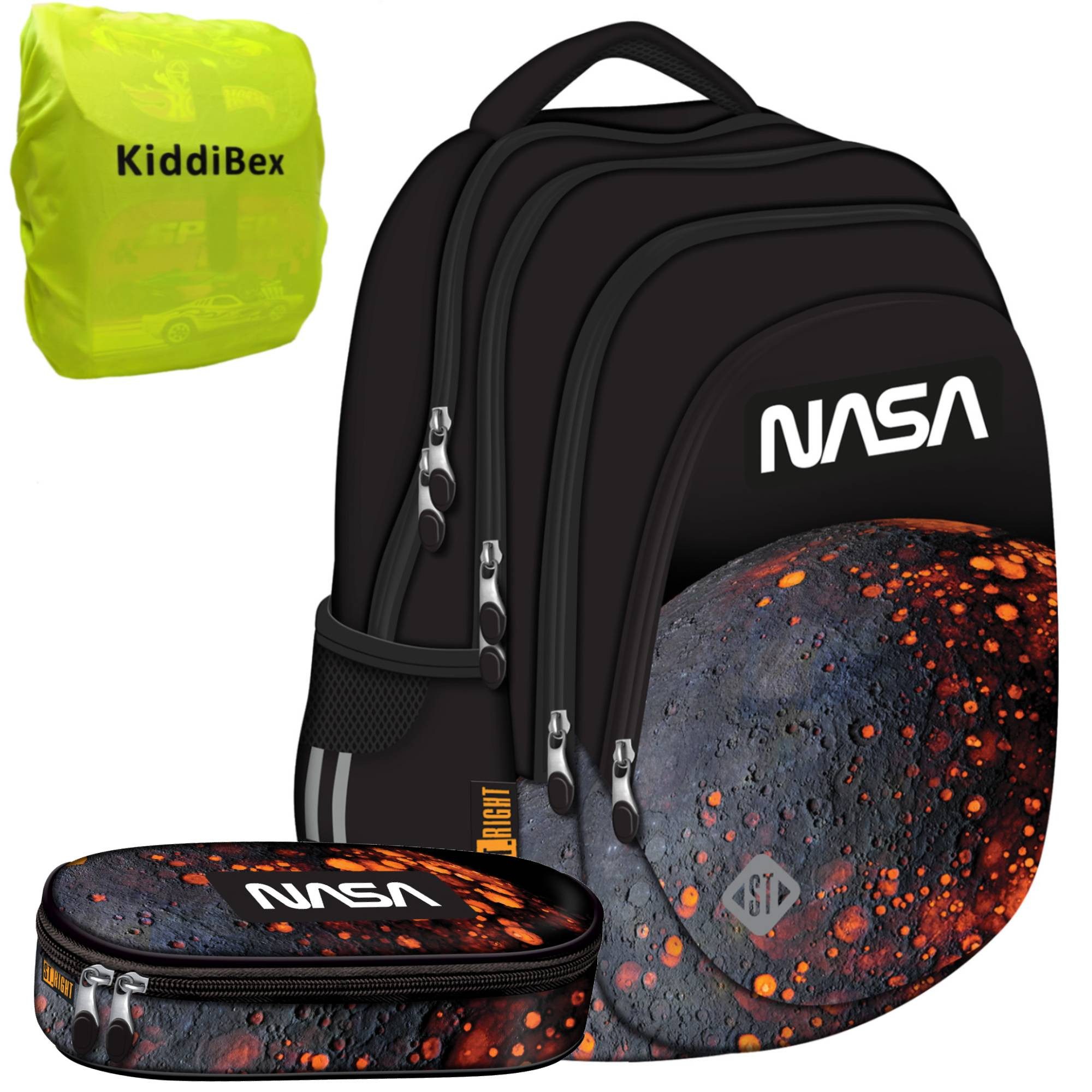 KiddiBex Schulrucksack NASA Rucksack Jungen Ранці ab 5. Klasse (Set, 3-tlg., Schulrucksack, Federmäppchen, Regenschutz), Rucksack Schule Schultasche Jungen, Ergonomischer Ранці NASA