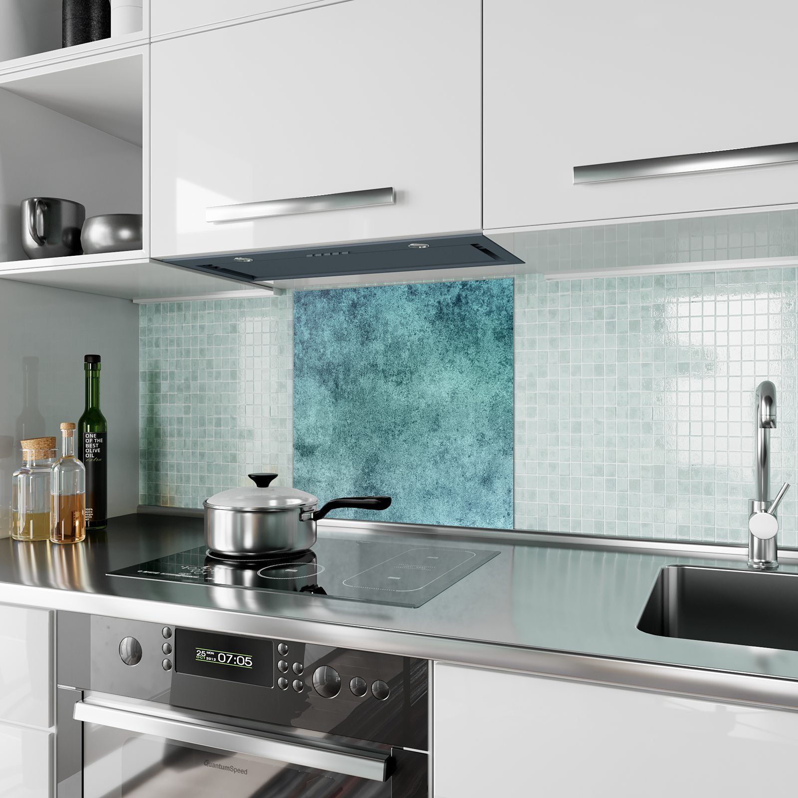 Küchenrückwand Glas Küchenrückwand mit Blaue Spritzschutz Betonwand Motiv Primedeco