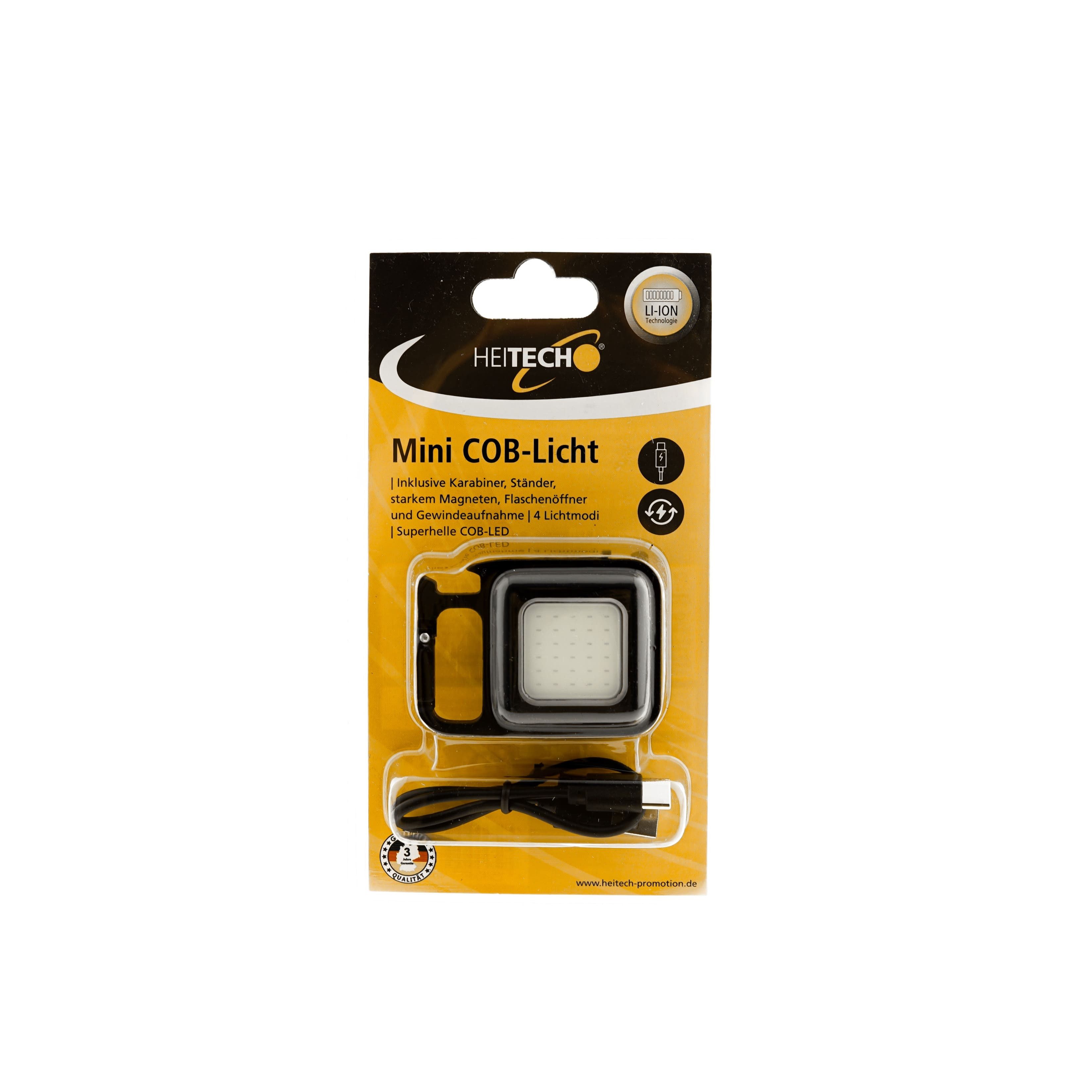 HEITECH Lichtanlage Mini COB Licht mit Karabiner, Magnet und Flaschenöffner 4 Lichtmodi