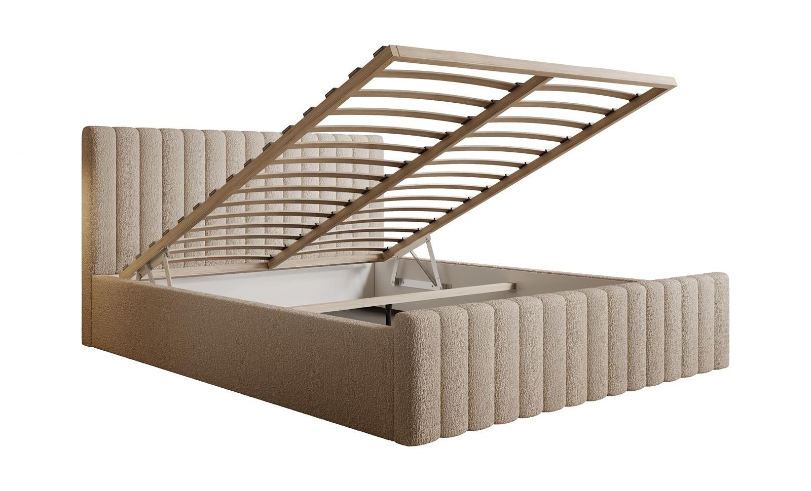 Compleo Polsterbett boucle BUBBLE II, Modern Bett mit Bettkasten, Leistenlattenrost aus Holz