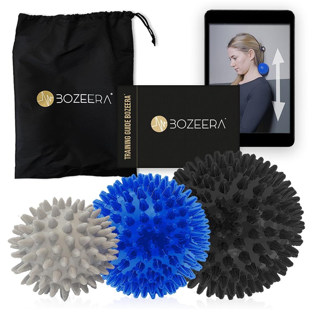 BOZEERA Massageball Igelball 3x Set Rücken, Beine, Füß - 1x Hart und 2x Medium, Stachelball Massage Rücken, Beine, Füß, Inkl. GRATIS Video, Booklet & Tasche – Massagebälle Set