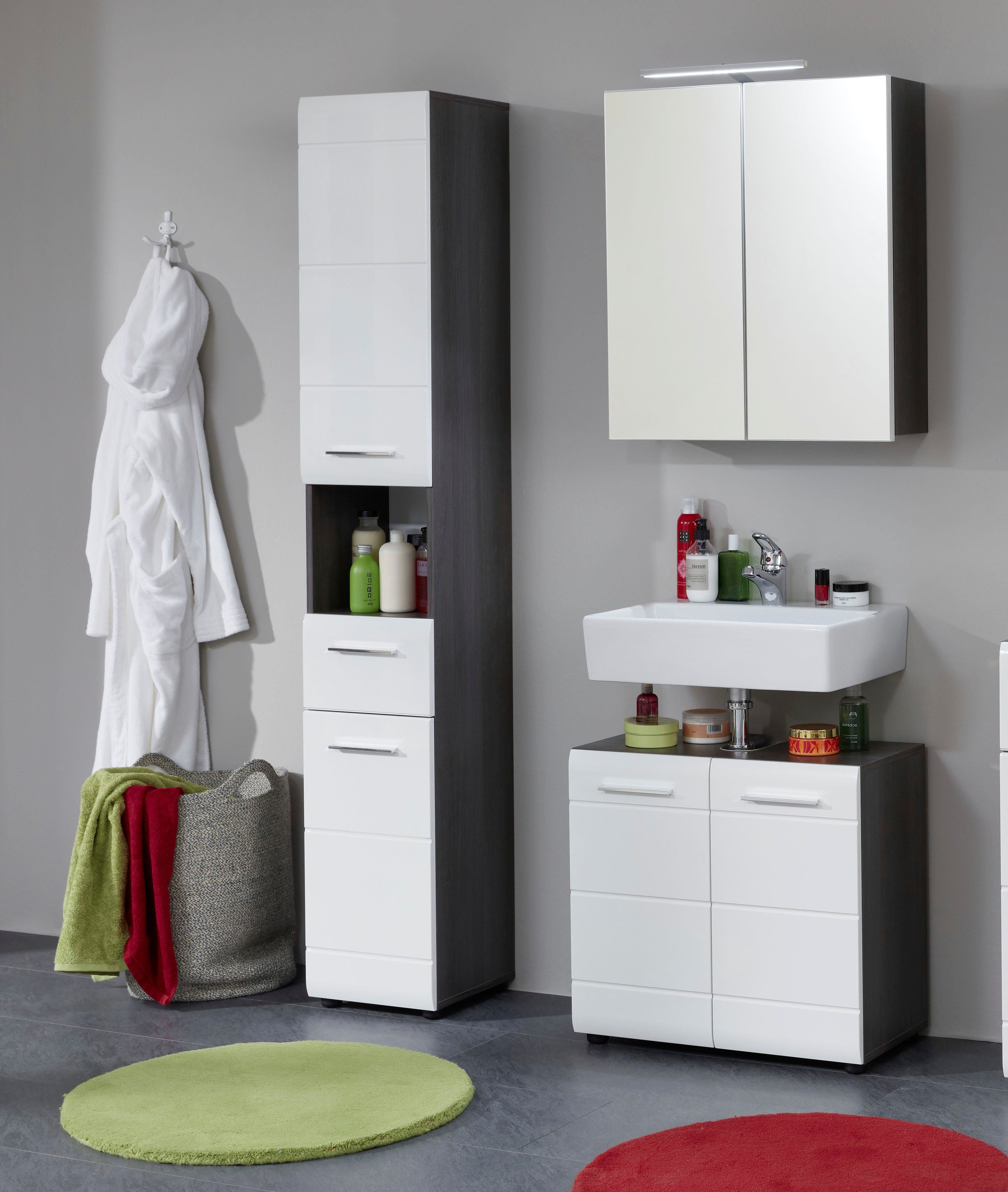 welltime Badmöbel-Set Sovana, (Set, 3-St), Hochschrank, Waschtisch und Spiegelschrank mit Beleuchtung