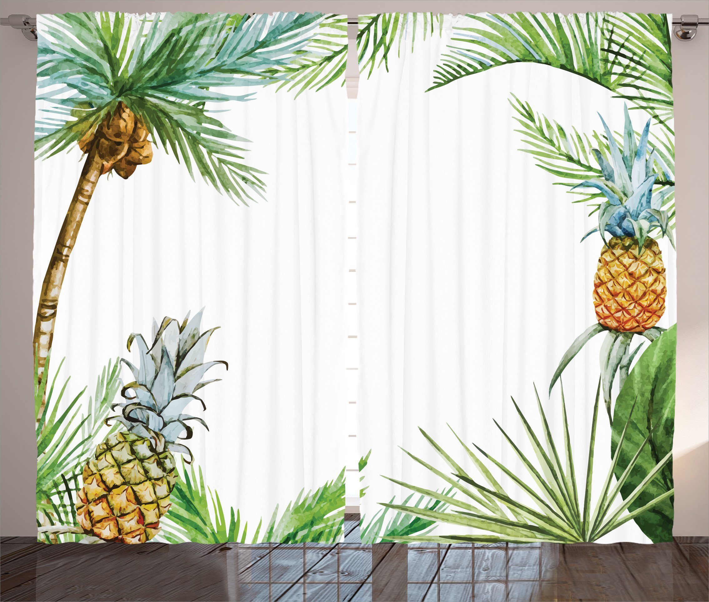 Gardine Schlafzimmer Kräuselband Vorhang mit Tropisch Exotische Palmen Schlaufen und Haken, Abakuhaus