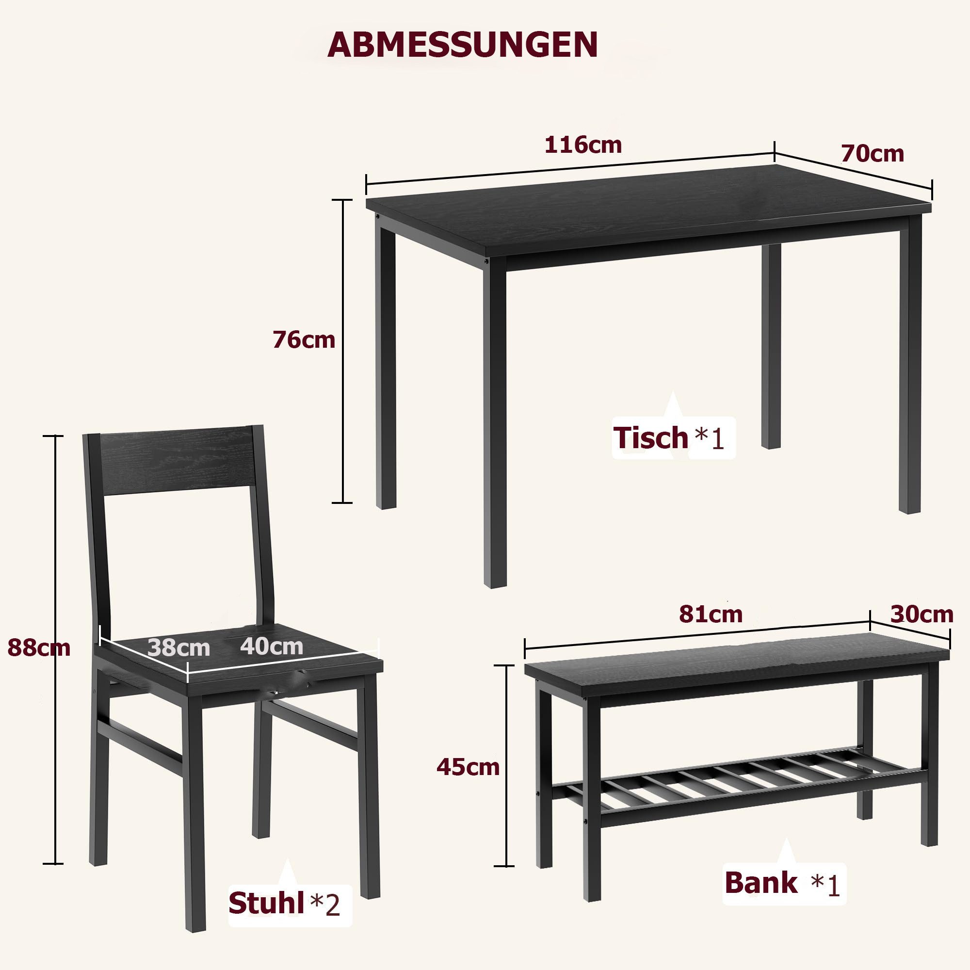 GarveeMore Essgruppe Esstisch-Set für 4, Esstisch mit 2 Stühlen und 1 Bank Platzsparend – Bild 2 von 5
