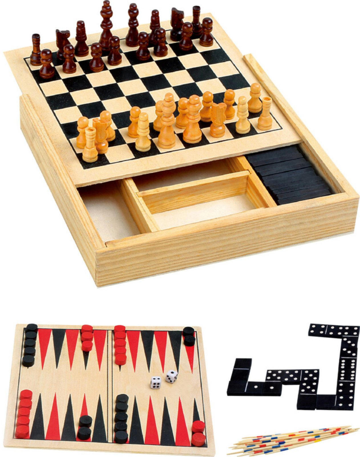 Koopman Spielesammlung Gesellschaftsspiel Holzspiel 17x17 cm Holzkiste Familienspiel Set, 4-in-1, Mikado, Spieleset, Schach, Dame Domino