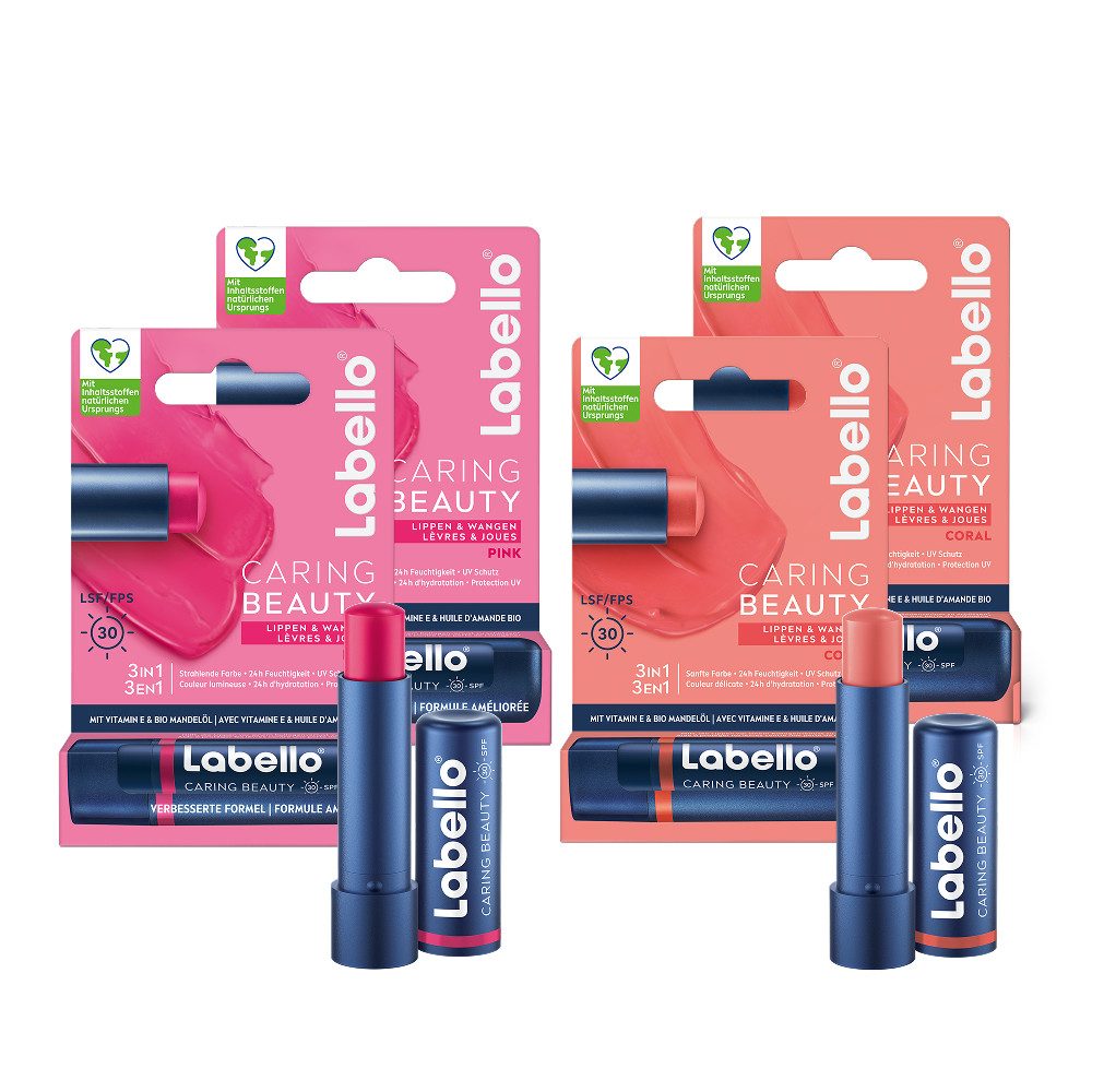 Labello Lippenpflegestift Lippenpflege Set 2x CARING BEAUTY PINK + 2x CORAL, 4-tlg.