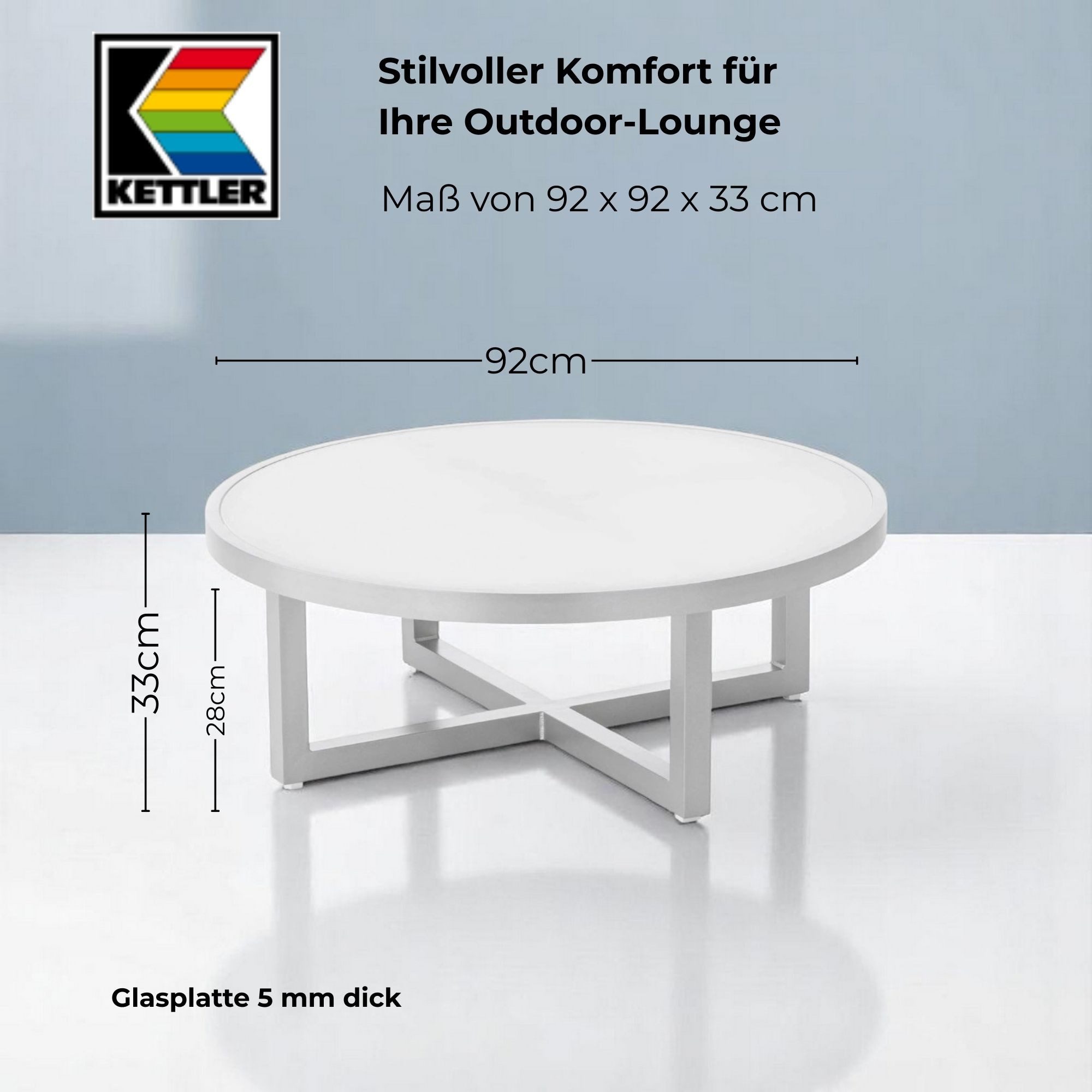 KETTLER Gartentisch KETTLER Gartentisch Ego Loungetisch mit Glasplatte Kaffeetisch 92 x