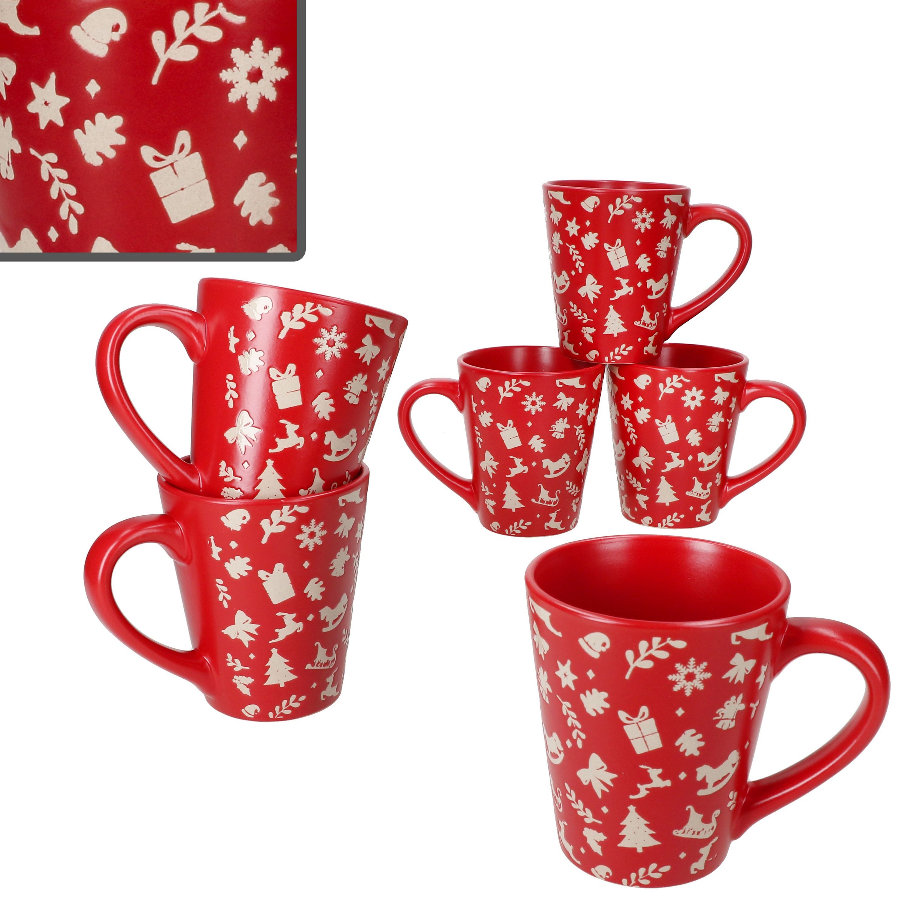 MamboCat Becher 6er Set Advent Kaffeebecher 250ml Steingut Rot Creme Weihnachten Tee, Steingut