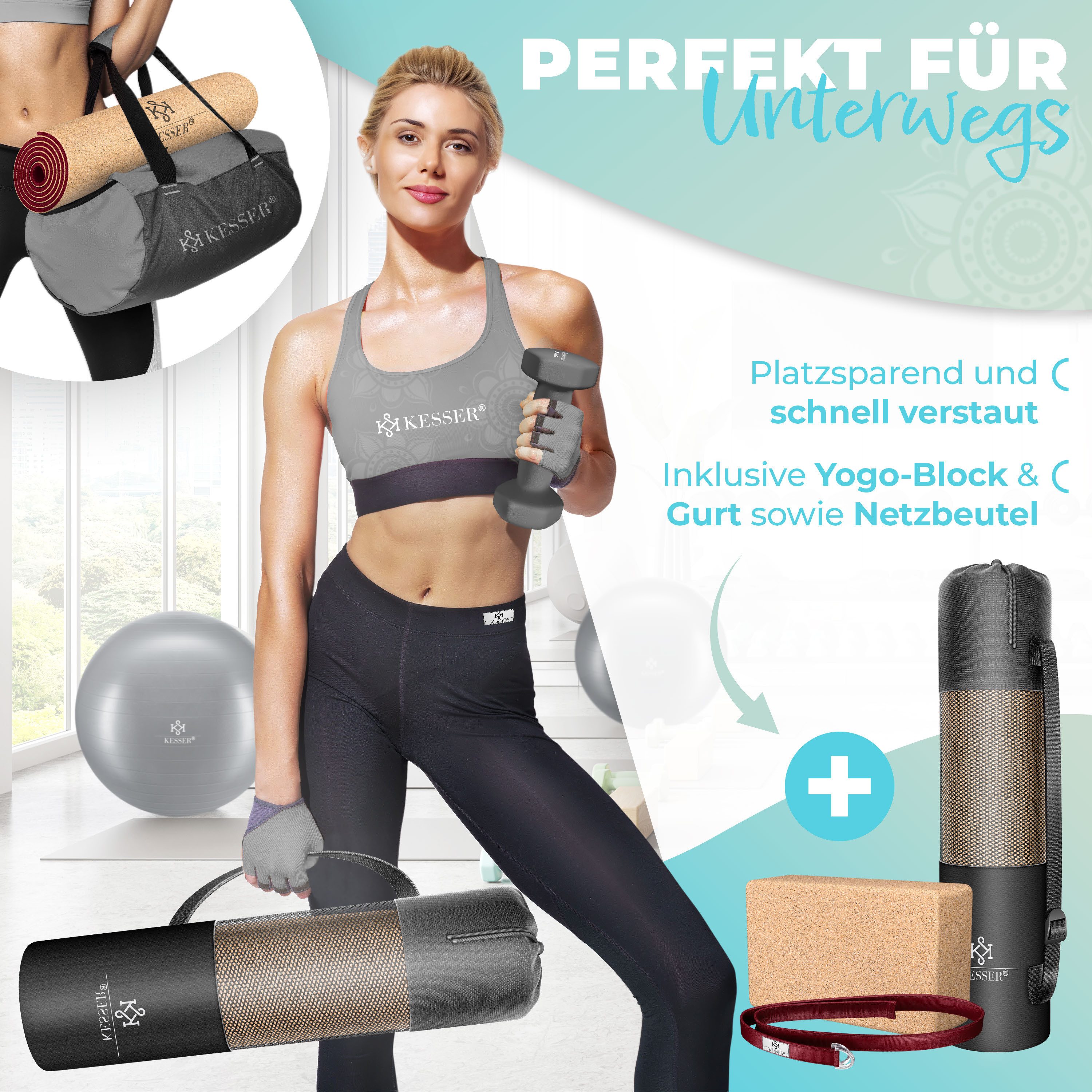 KESSER Yogamatte, Fitnessmatte Kork mit Tragegurt & Tasche Gymnastikmatte Trainingsmatte