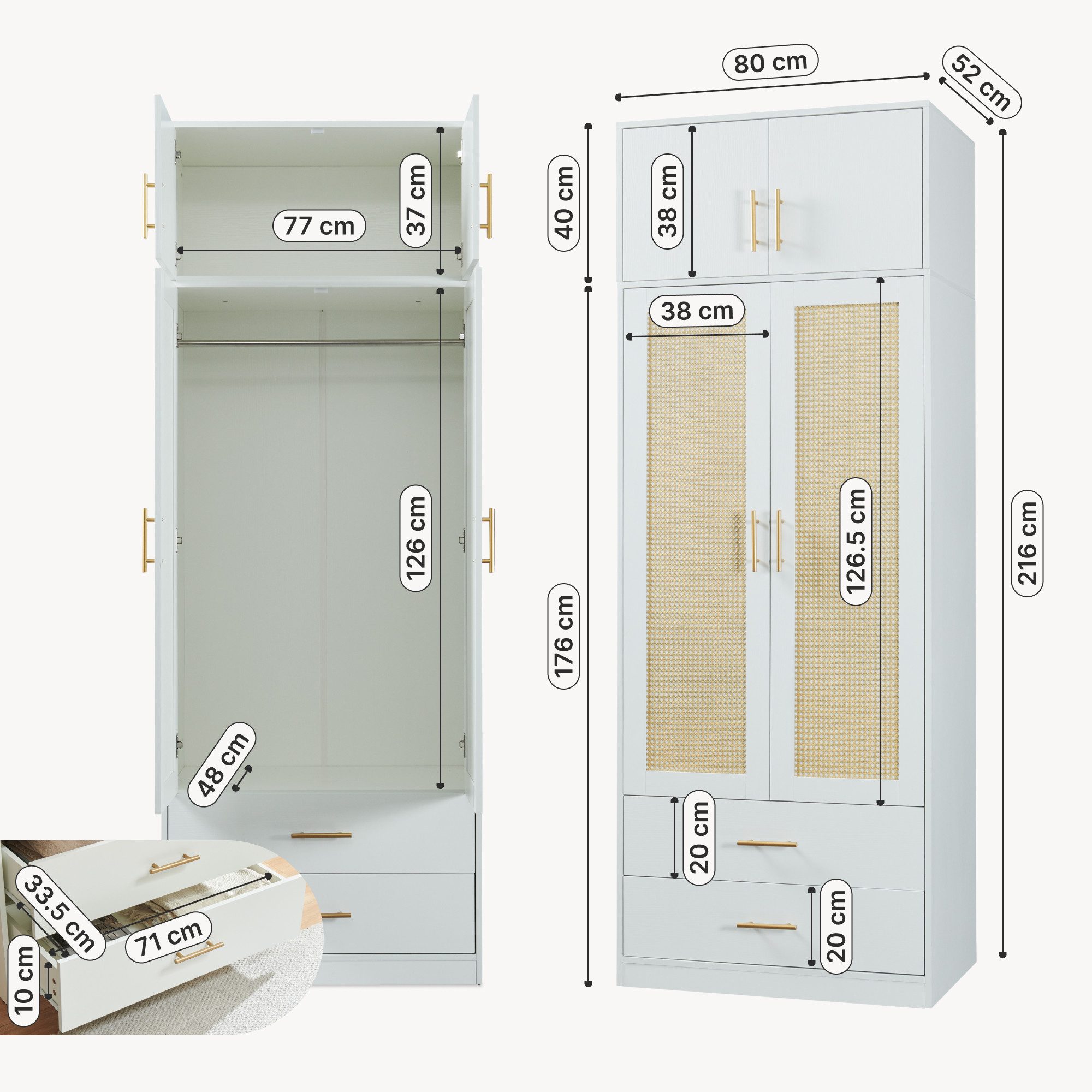 en.casa Kleiderschrank »Larundi« 216 x 80 x 52 cm 4 Türen 2 Schubladen Weiß/Rattanoptik