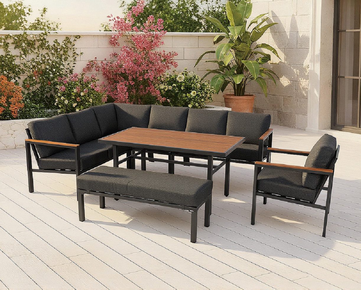 Gardissimo Gartenlounge-Set Norton Alu Bambus Holz Eck Lounge Set in Dining Höhe, (Spar-Set, 4-tlg., 1 Ecksofa + 1 Sessel + 1 XL-Bank + 1 Esstisch), wetterfest / pflegeleicht / 120 kg Tragkraft pro Sitzplatz