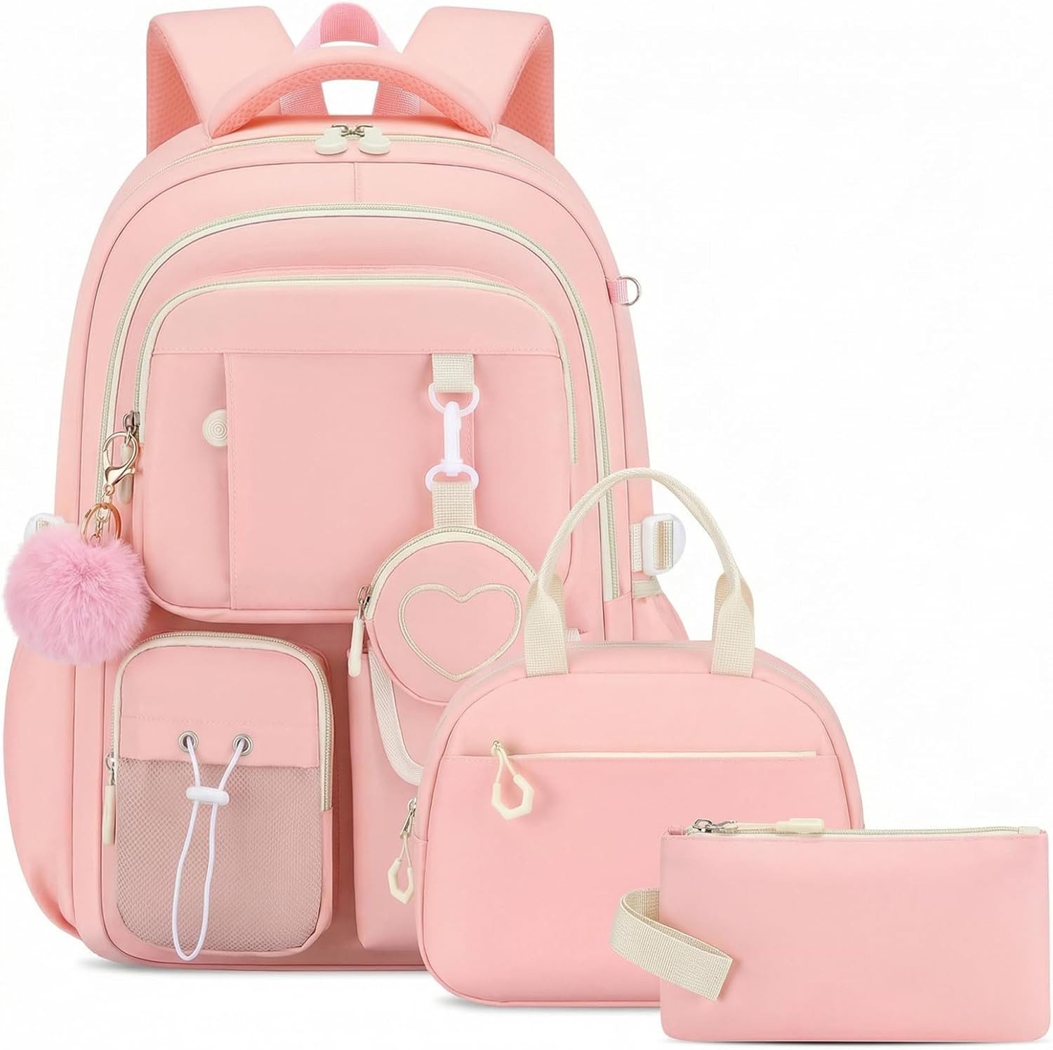 MOPUEA Schulrucksack Schultasche Mädchen Teenager Kawaii 23 L für 3.-7. Klasse (Schulrucksack-Set mit Lunch Tasche und Federmäppchen, 4-tlg., Mit Schulrucksack Lunch Tasche Federmäppchen und Geldbörse), Leicht Wasserabweisend Großes Fassungsvermögen Ergon