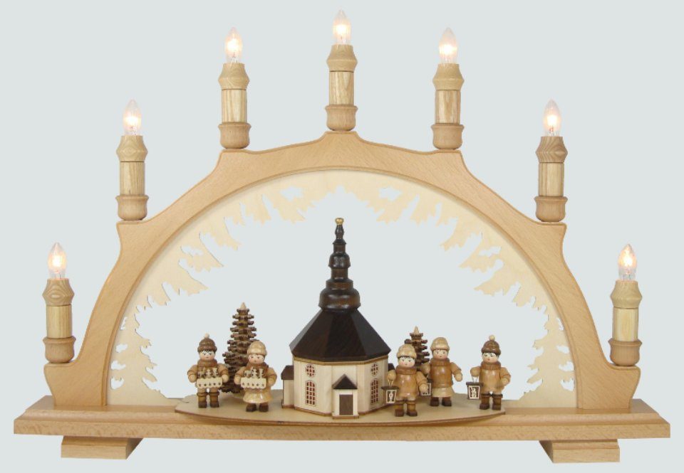 Osterhase Lenk und Sohn Schwibbogen Seiffener Kirche mit Laternenkindern