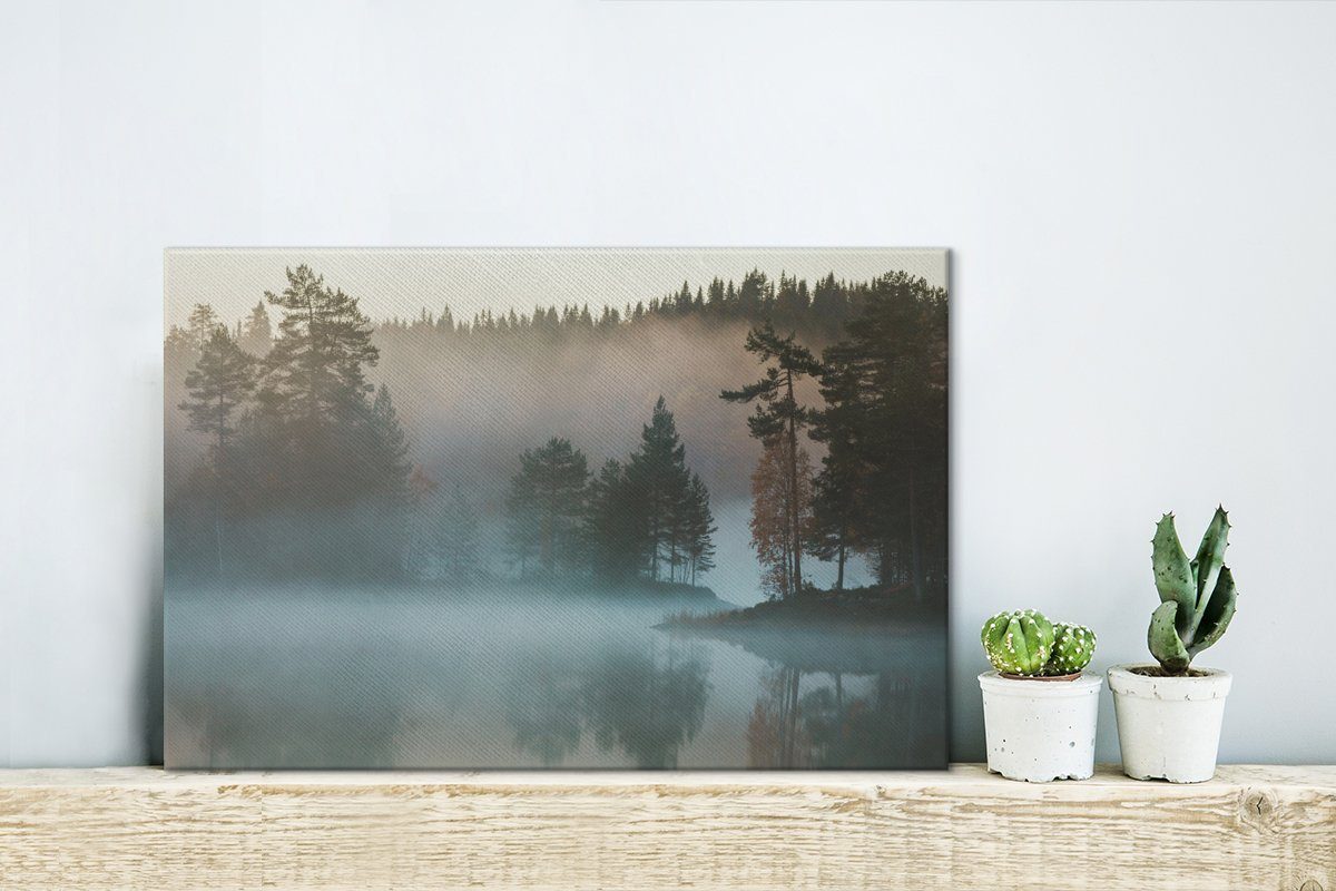 Leinwandbilder, Wandbild cm Nebel Gewässern Wanddeko, (1 St), Aufhängefertig, 30x20 Leinwandbild von über in den OneMillionCanvasses® Norwegen Skandinavien,