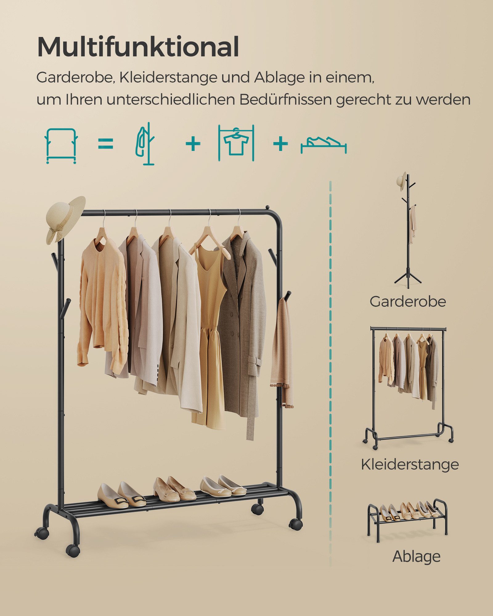 SONGMICS Kleiderständer Kleiderstange, Garderobenstange, Garderobenständer, 41 x 103,5 x 155cm, auf Rollen, Stahlrohren, bis 50kg belastbar, multifunktionale, schwarz