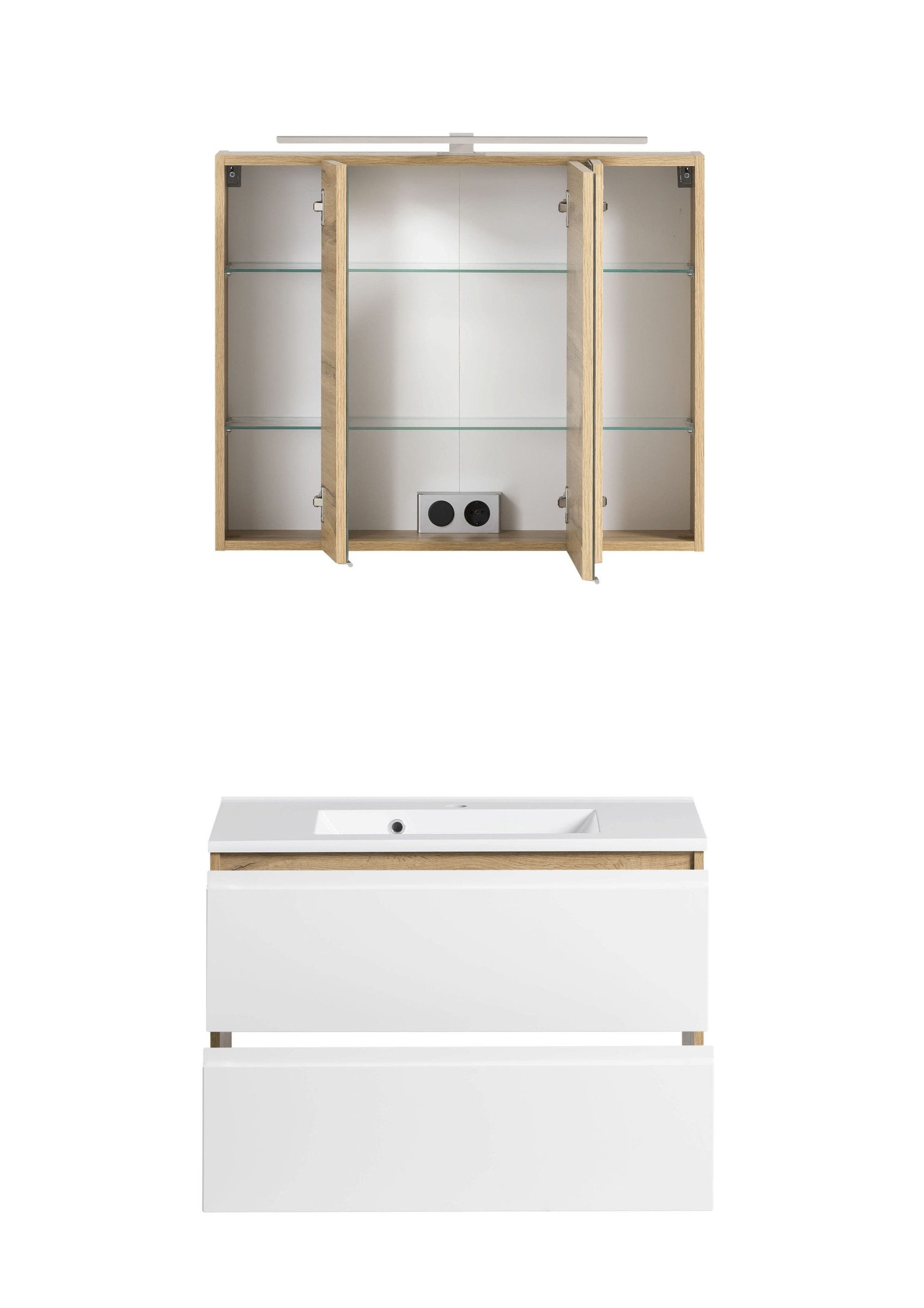 HELD MÖBEL Badmöbel-Set (2-tlg) in weiß / Wotaneiche-Dekor - 80x195x47cm (BxHxT), (2-tlg)