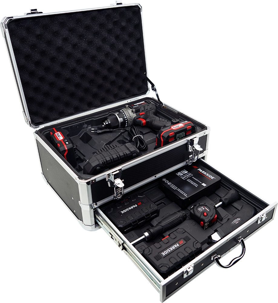 PARKSIDE PERFORMANCE® Akku-Bohrschrauber 20V Akku Bohrschrauber Set PBSAP 20-Li inkl. 2 Akkus und Metallkoffer, 20 V, max. 2100 U/min, Integrierte LED-Arbeitsleuchte