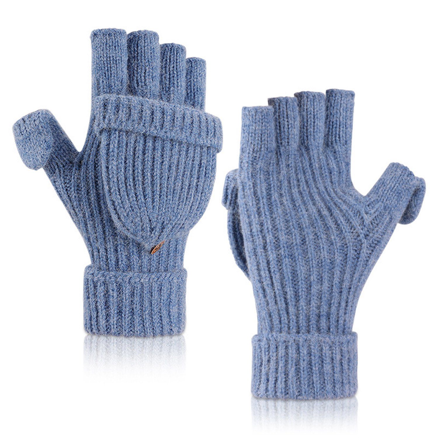 Daisred Baumwollhandschuhe Winterhandschuhe Damen Herren Strick halbe Handschuhe Blau