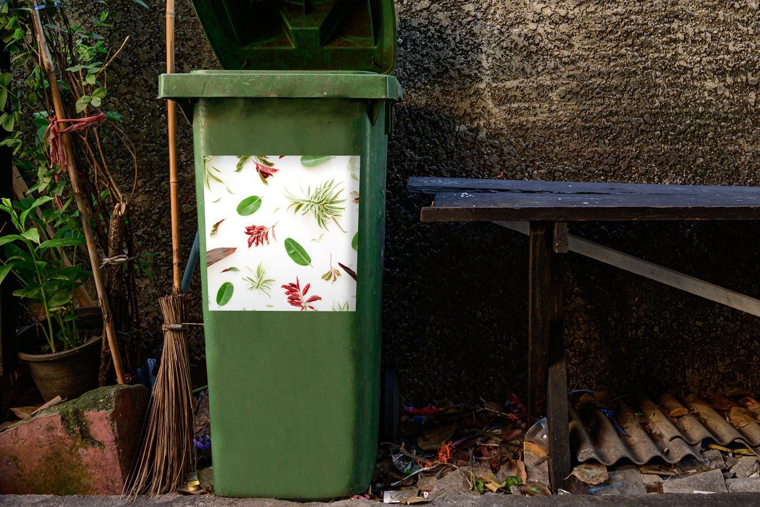 MuchoWow St), - Container, Tropisch Abfalbehälter Mülleimer-aufkleber, - Blätter Wandsticker Rot Mülltonne, (1 Sticker,