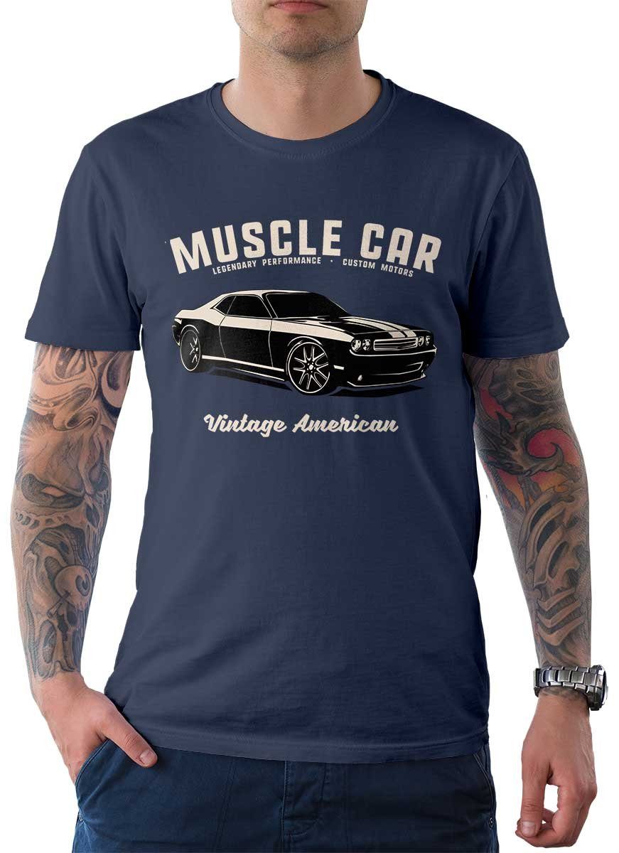 Rebel On Wheels T-Shirt Herren T-Shirt Tee Chally Muscle Car mit Auto / US-Car Motiv Denim