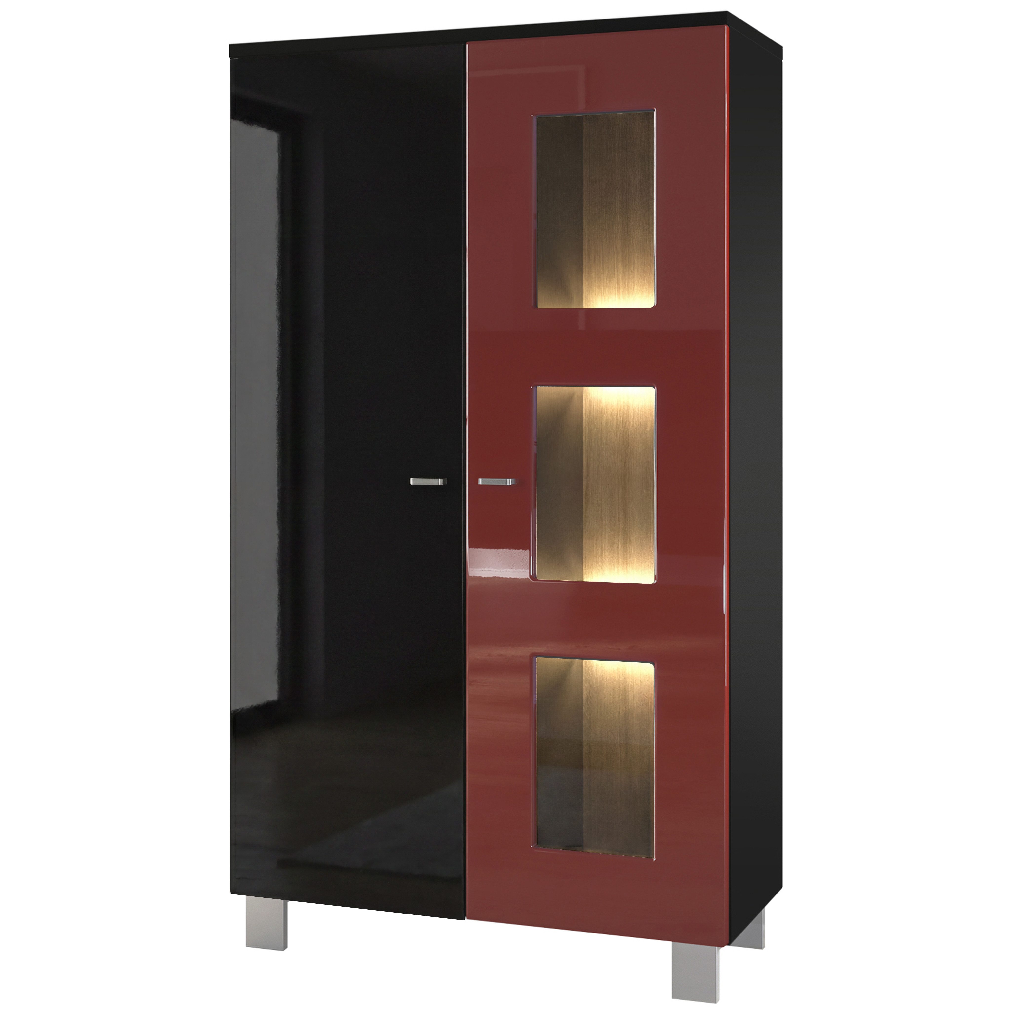 Vladon Standvitrine Denjo (Standvitrine, mit 2 Türen und 3 Glaseinsätzen) Schwarz Matt&glänzend/Bordeaux glänzend mit Beleuchtung (71x129x35 cm)